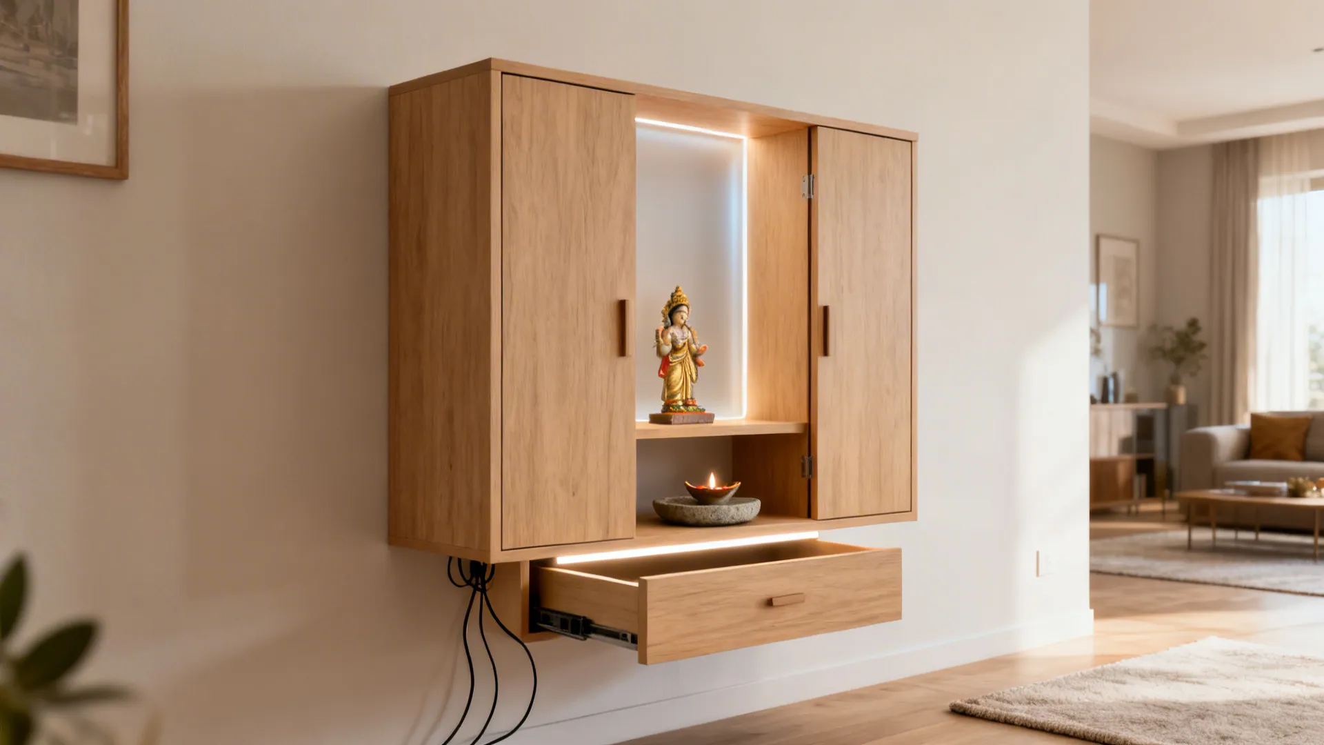 Minimalist floating shrine with concealed storage