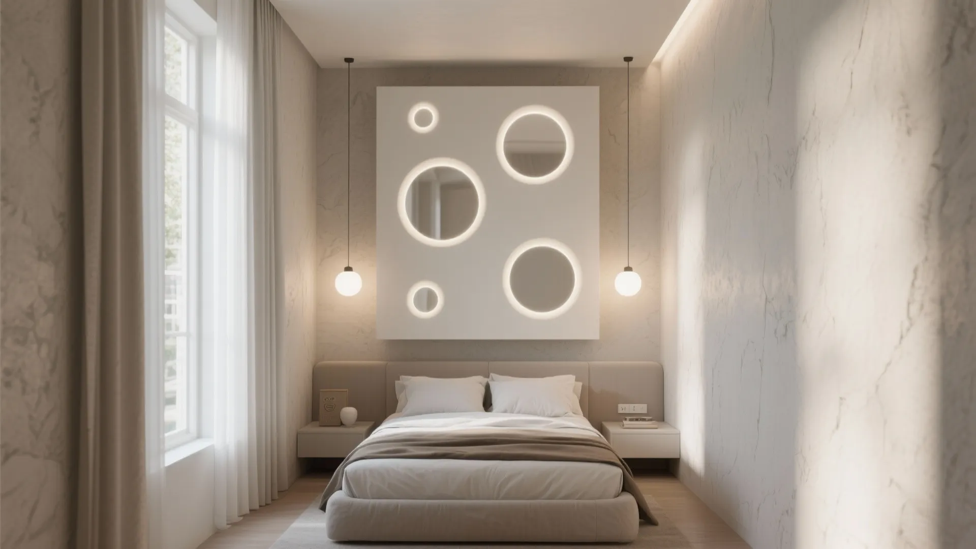 Minimalist bedroom featuring a white wall panel with circular lights above a comfortable white bed