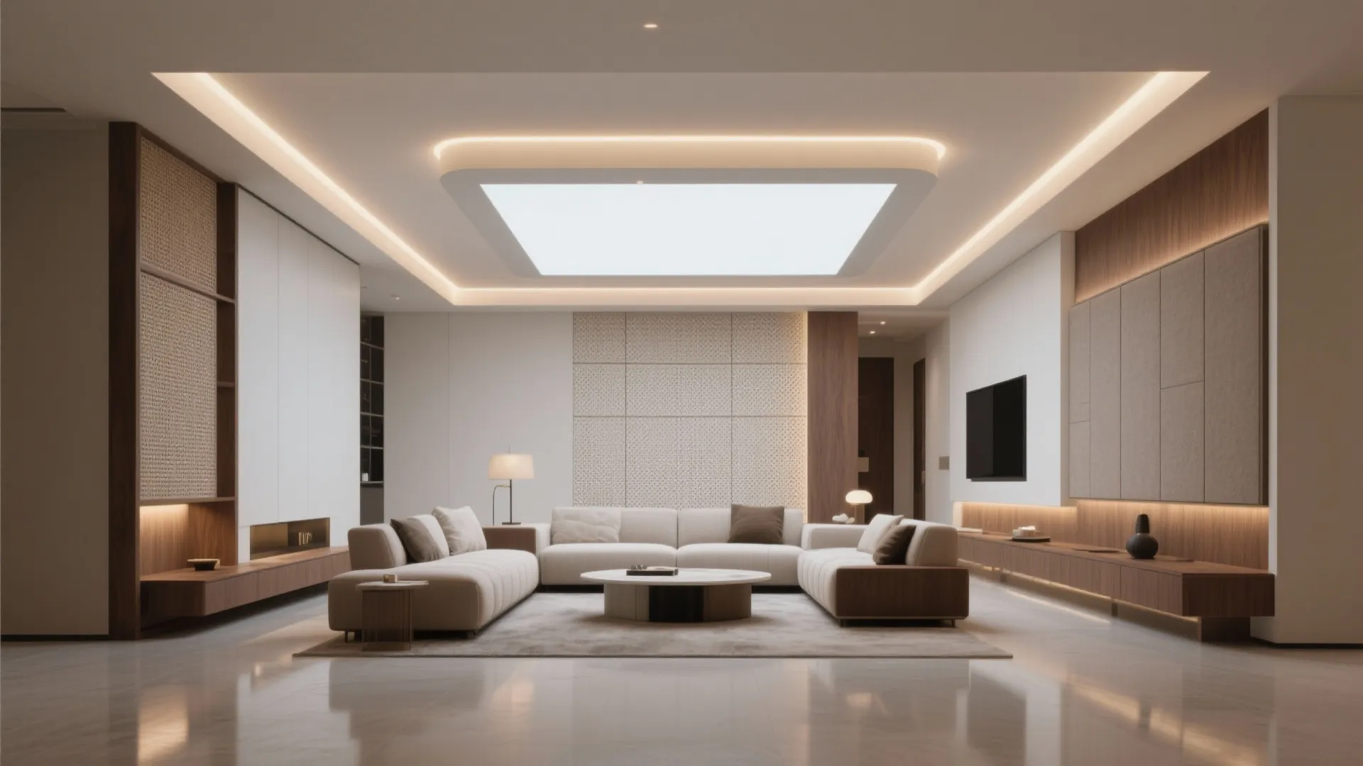 Spacious interior design with large sectional sofa white coffee table and square recessed ceiling light panel