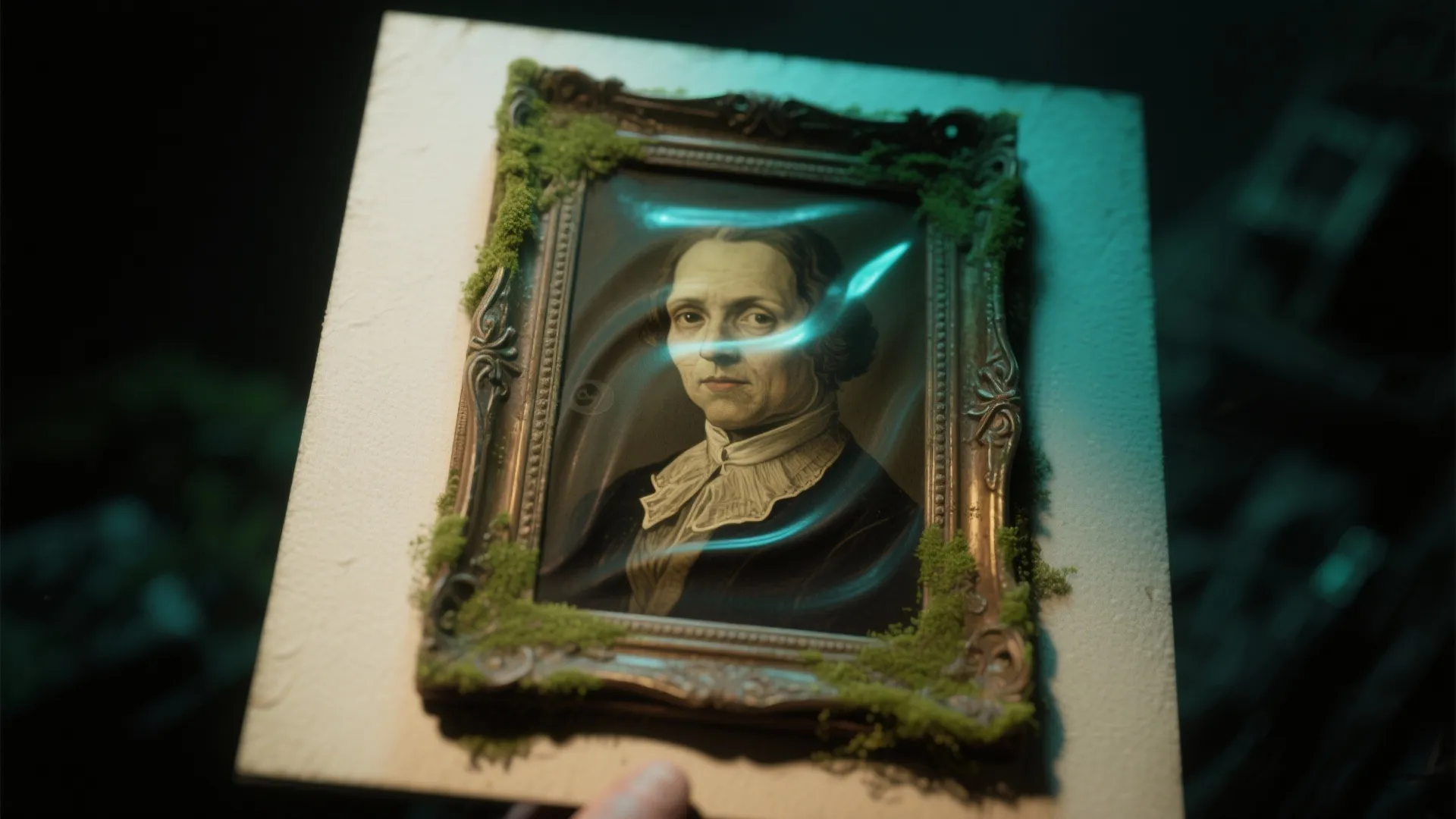 Vintage portrait in a decorative gold frame with green moss on a plain white background