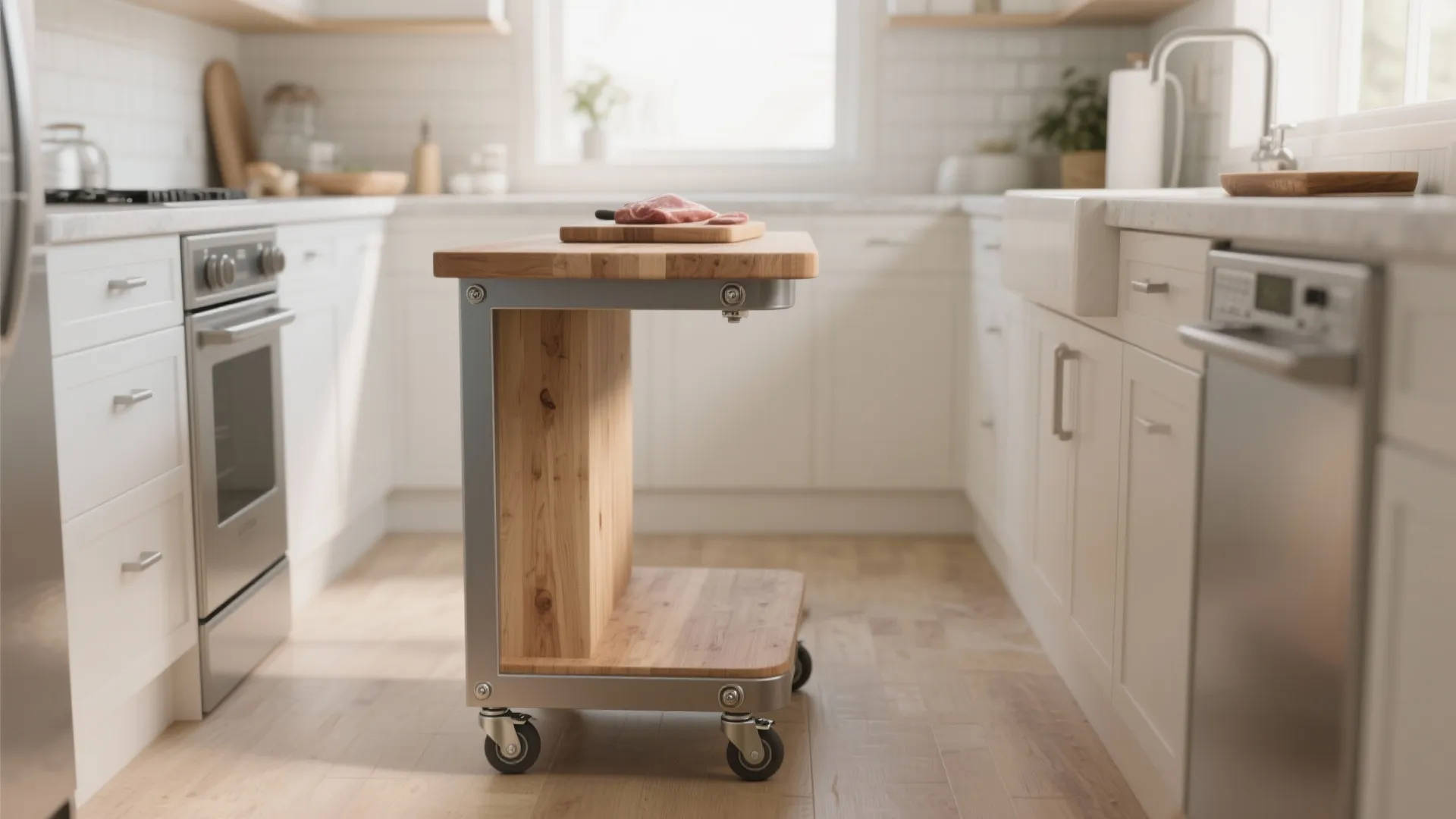 A small wooden kitchen cart on wheels with a meat cutting board in a white kitchen