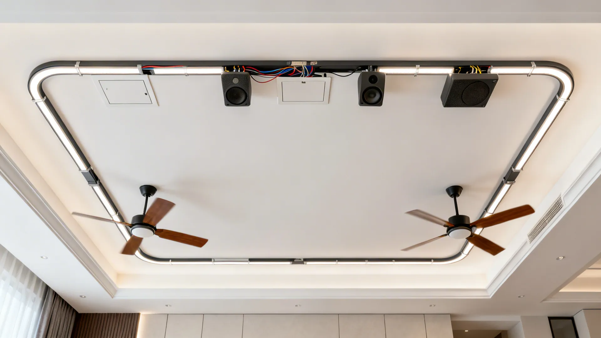 Top-down view of a floating racetrack ceiling band hiding wiring and LEDs with a higher center plane.