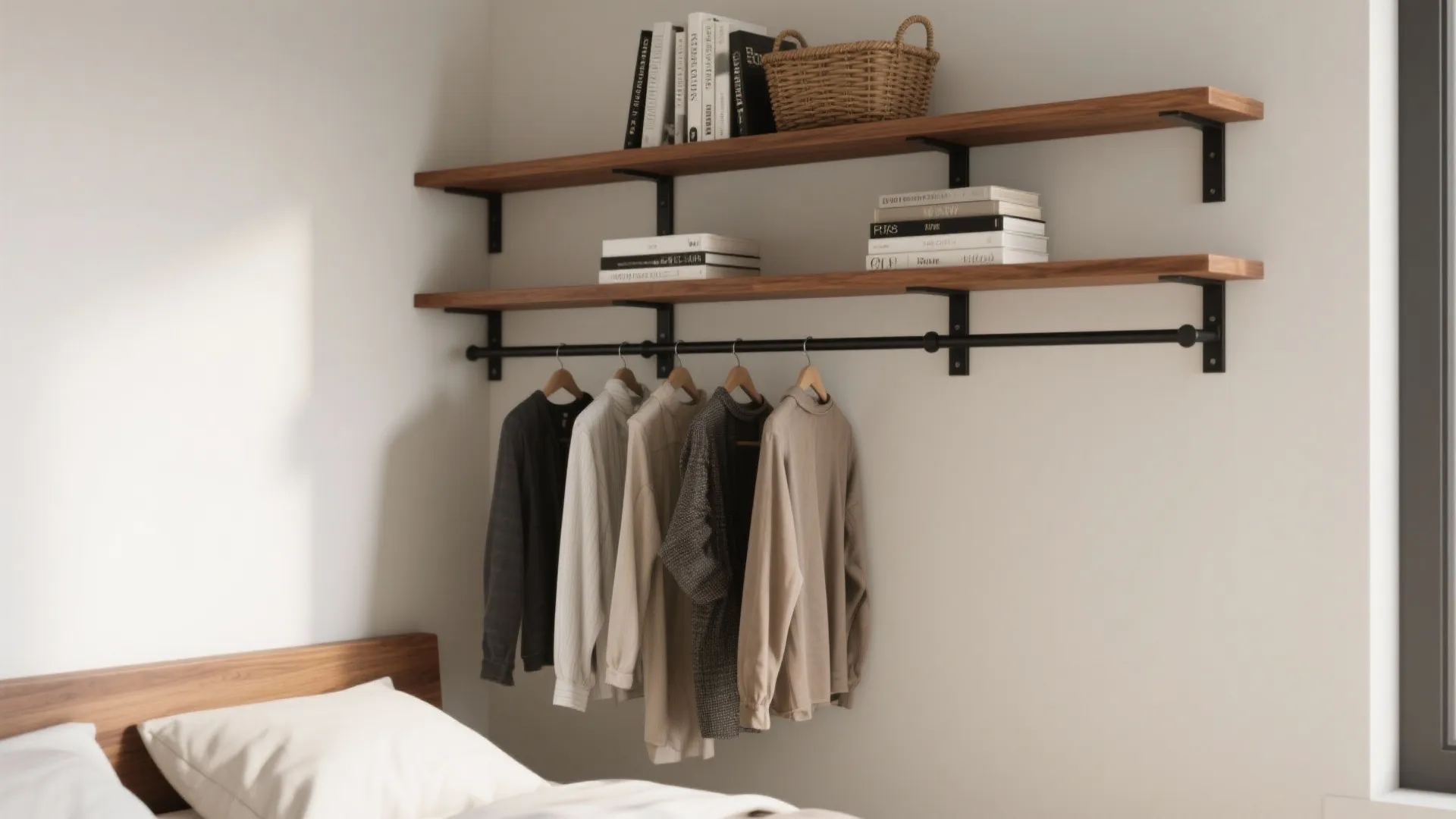 Small bedroom wall with floating wood shelves above a slim black clothes rail, books and baskets displayed, garments hung neatly.