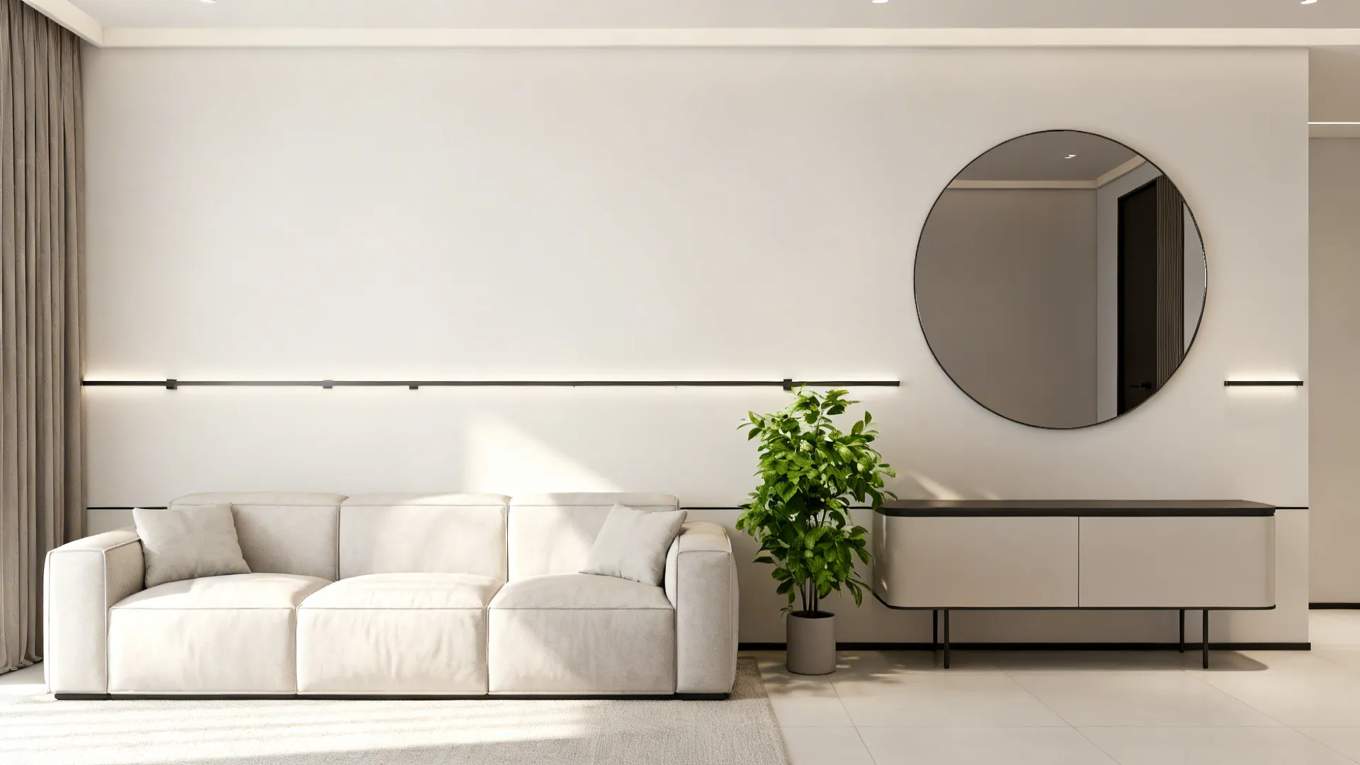 Modern living room with slim floating rail molding creating horizontal lines and a minimal aesthetic.