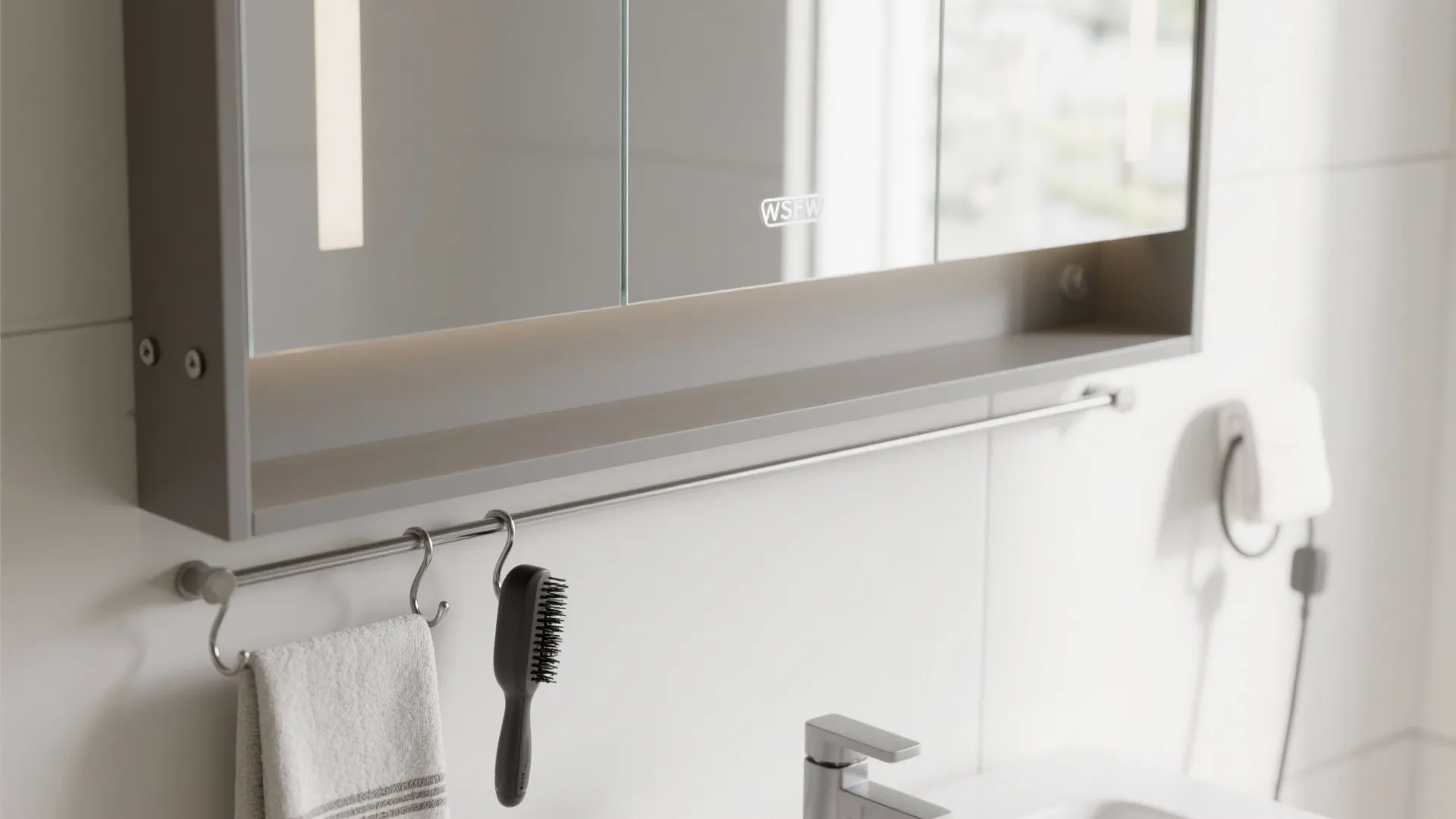 Floating wall cabinet with under-shelf rail