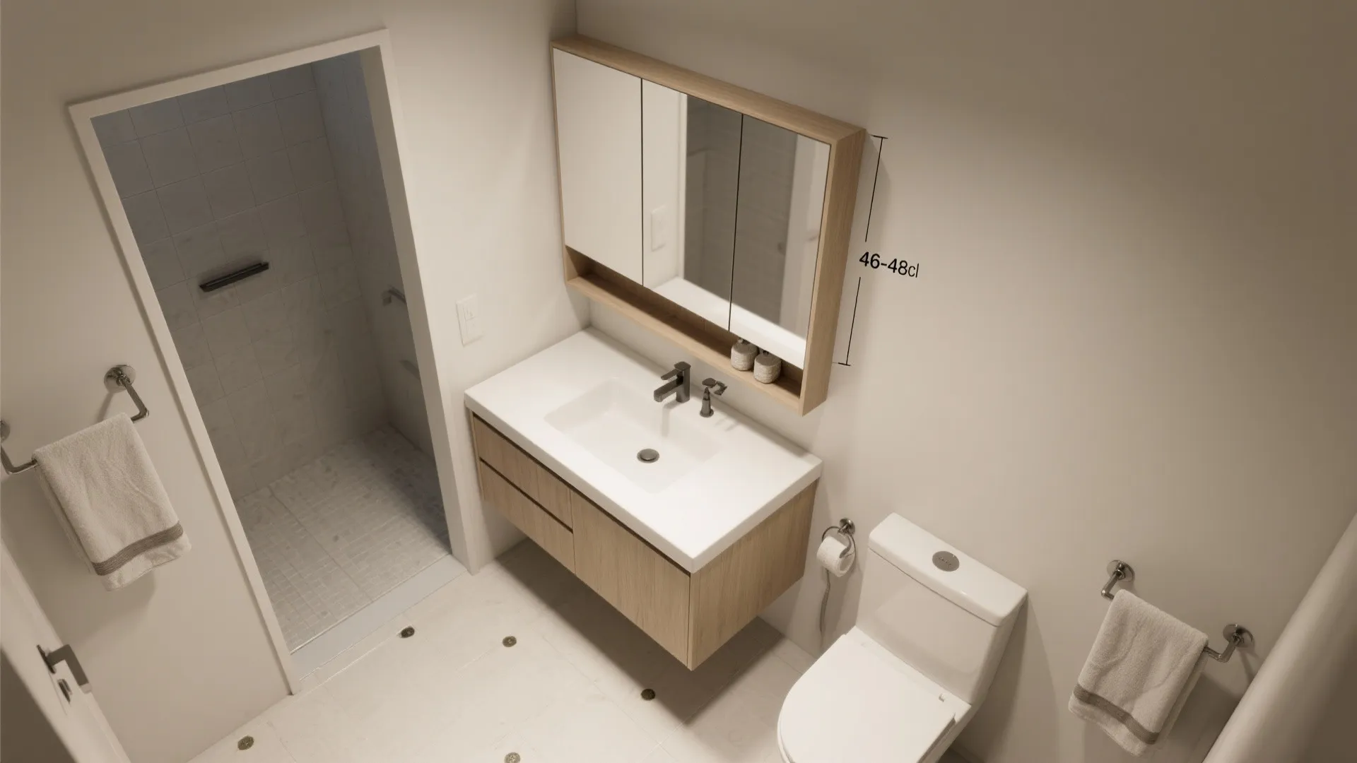 Floating wall cabinet with under-shelf rail