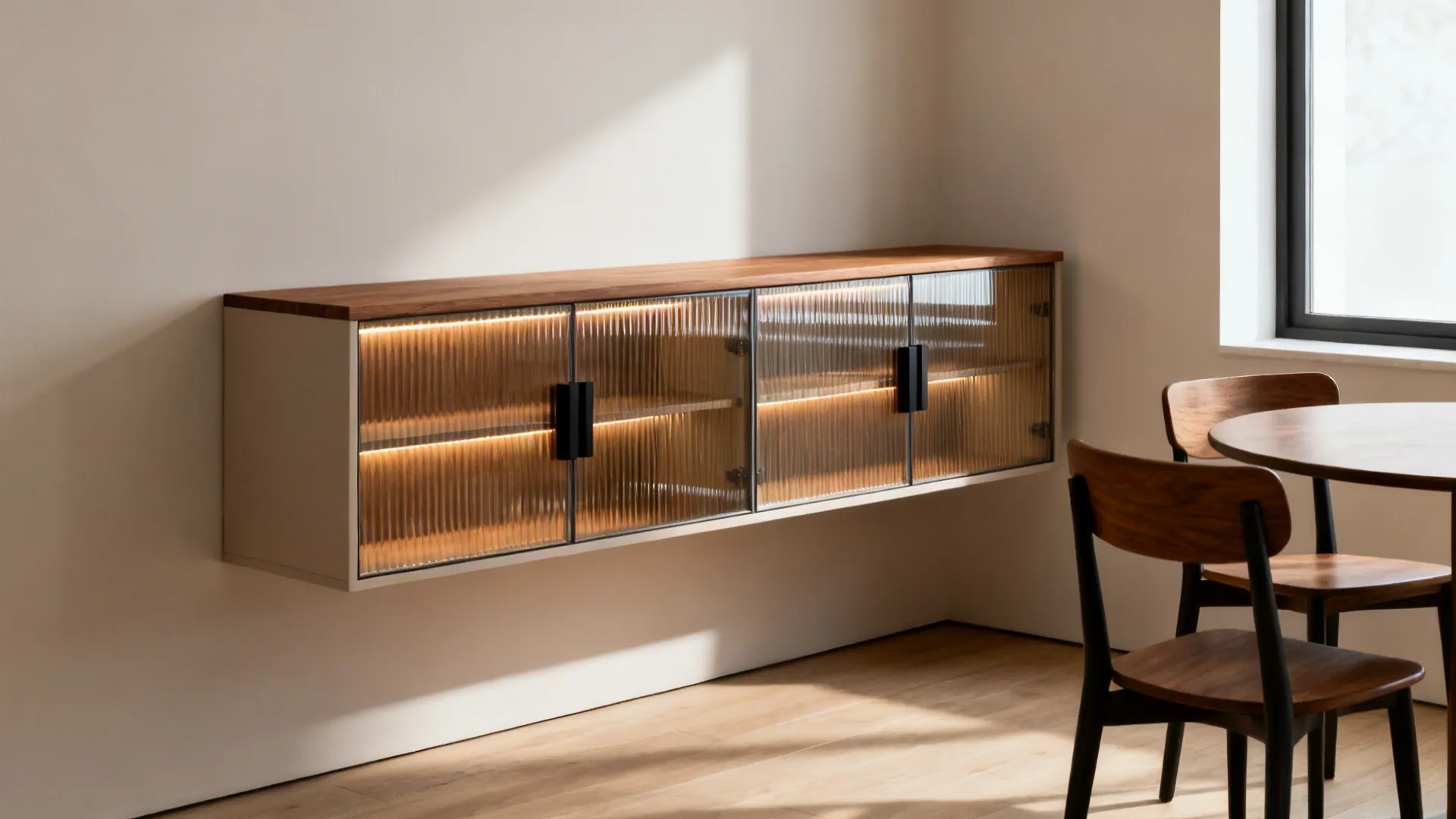 Floating wall cabinet with ribbed glass doors, internal lighting, wooden top, and nearby dining furniture