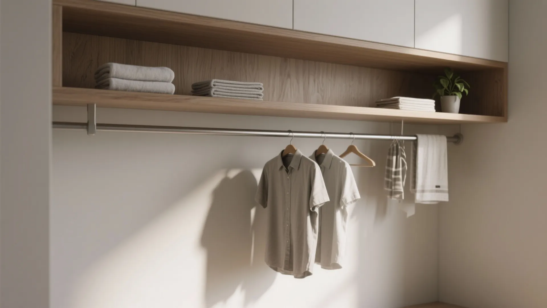 Wooden wall shelf with folded towels and a metal rod for hanging shirts and clothes
