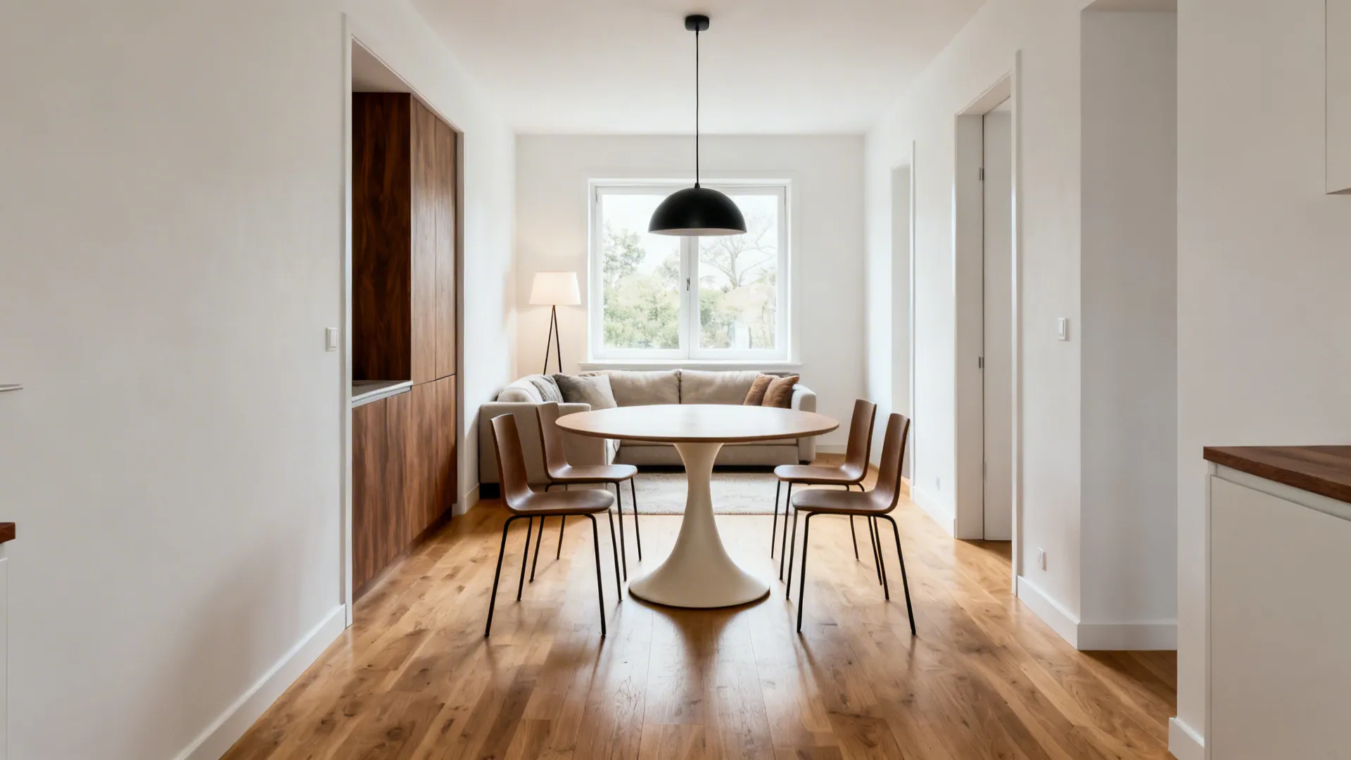White round dining table with four wood chairs in bright room with light wood floors