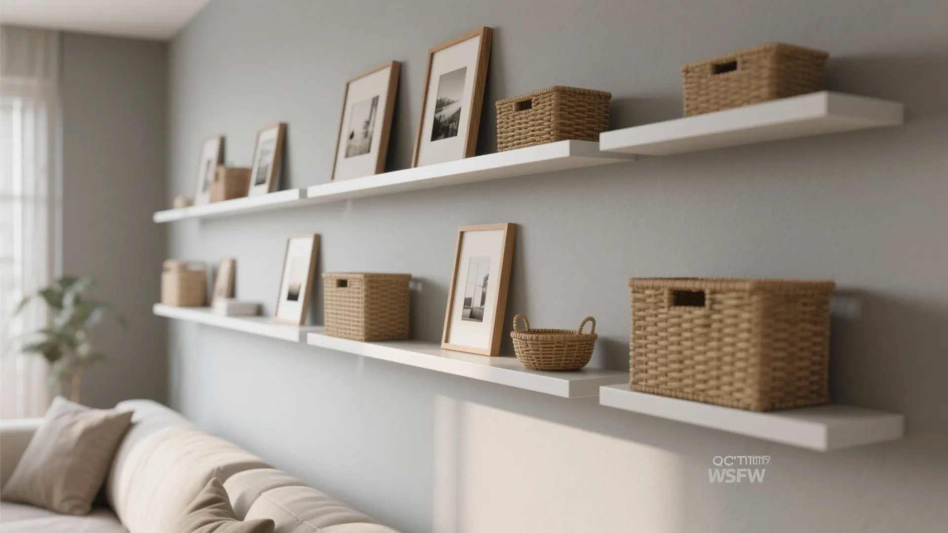 Long white floating shelves on grey wall decorated with wooden picture frames and woven baskets