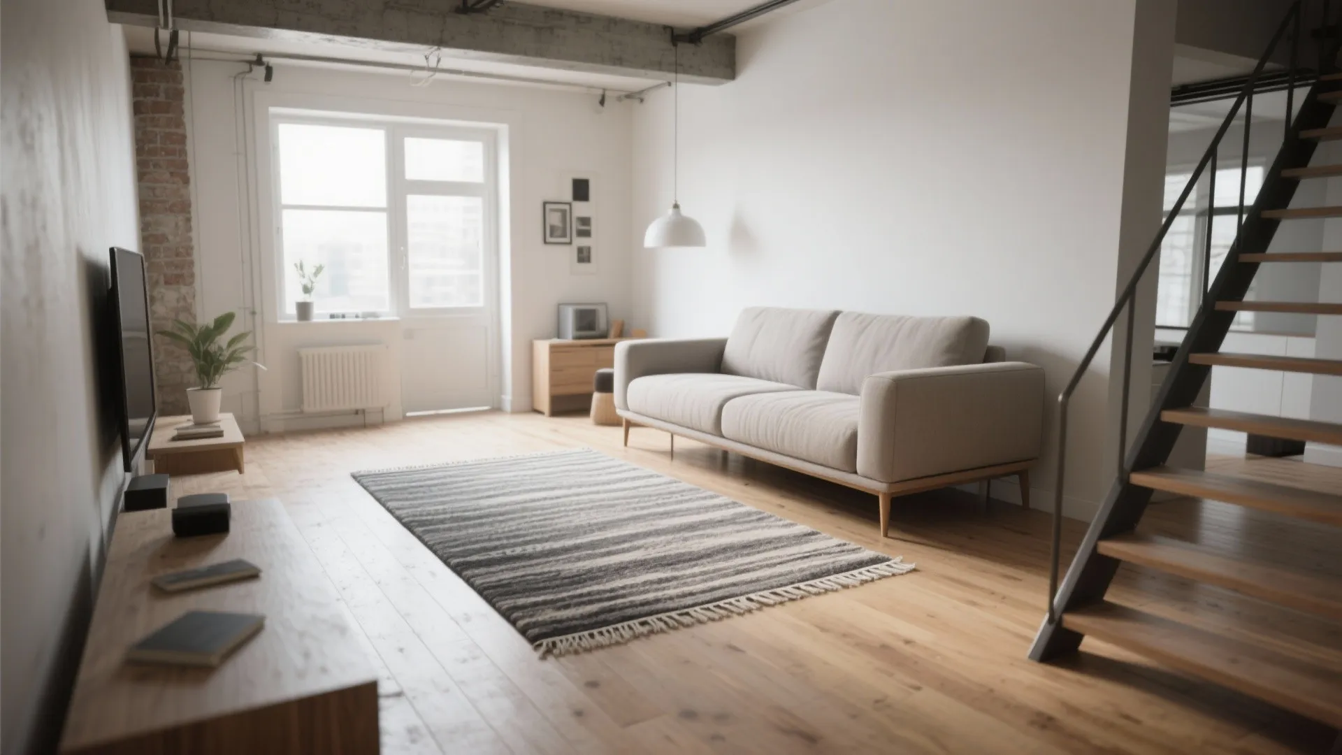Modern living room with grey sofa striped rug wooden floor white walls and large bright window