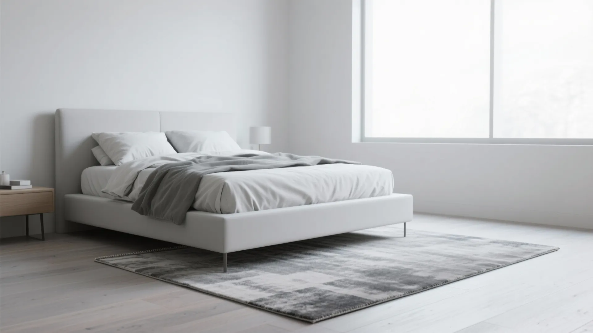 Minimalist bedroom with white bed, grey patterned rug, wooden side table, and large bright window