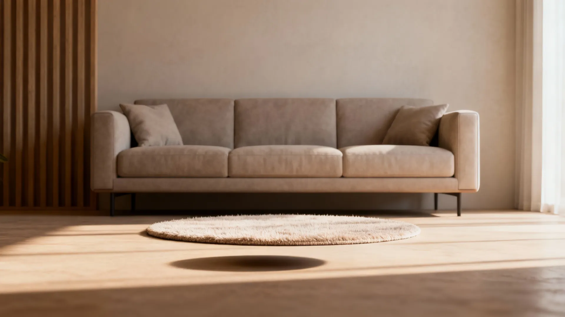 Small round rug floated in front of a sofa to soften the room and create a focal point.