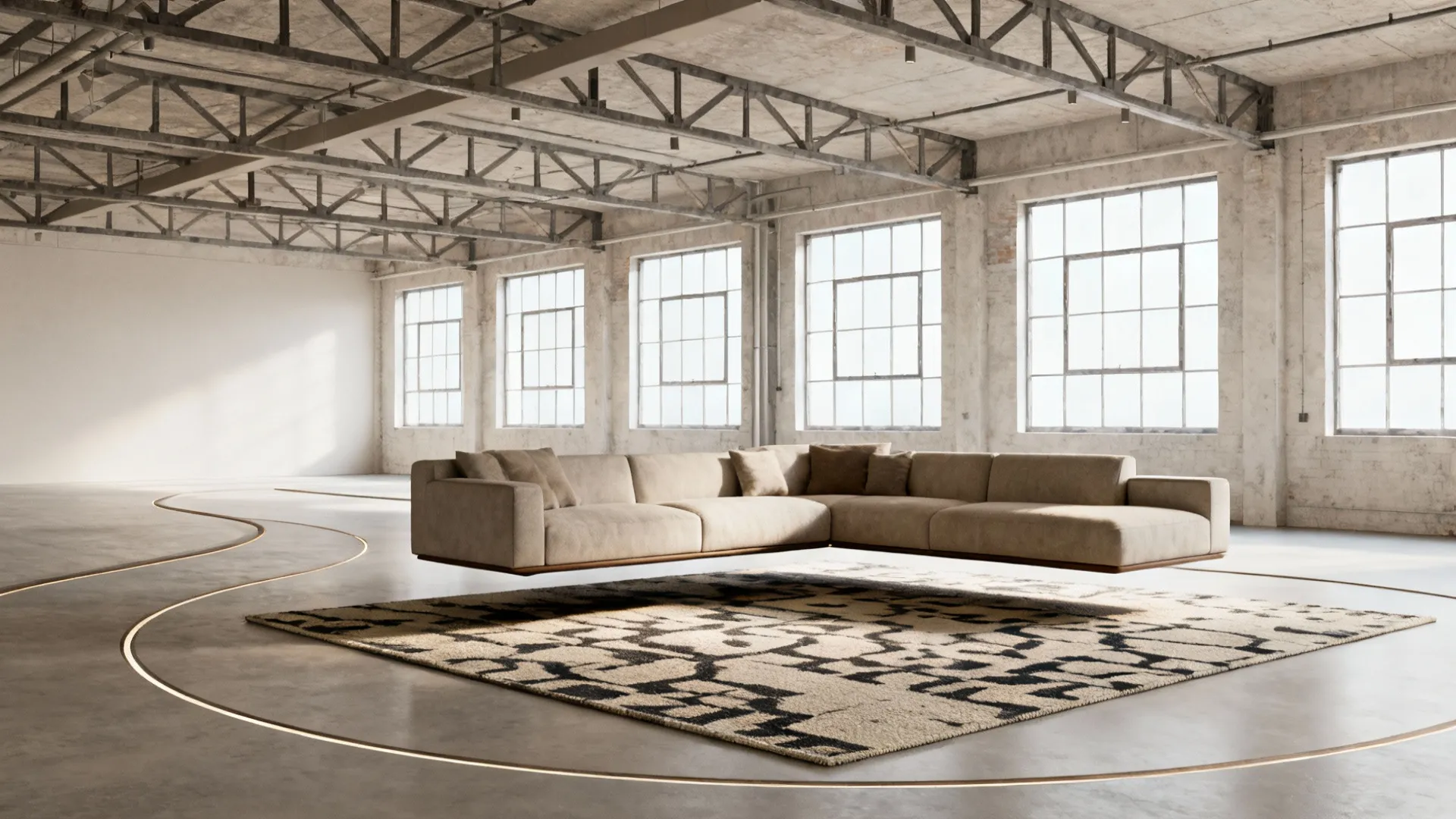Open-plan loft with a floating rug sitting several inches from the sectional to define the seating zone.