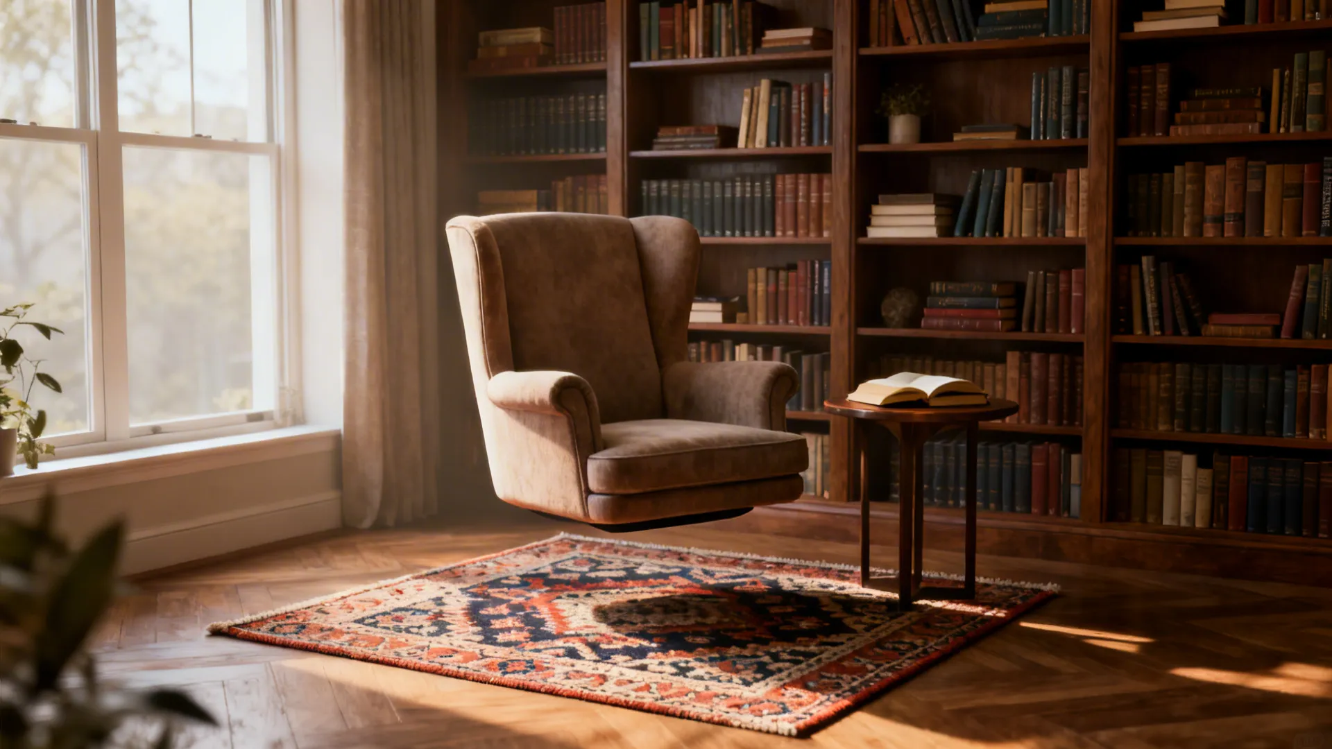 Reading corner highlighted by a small floating rug under an accent chair and side table.
