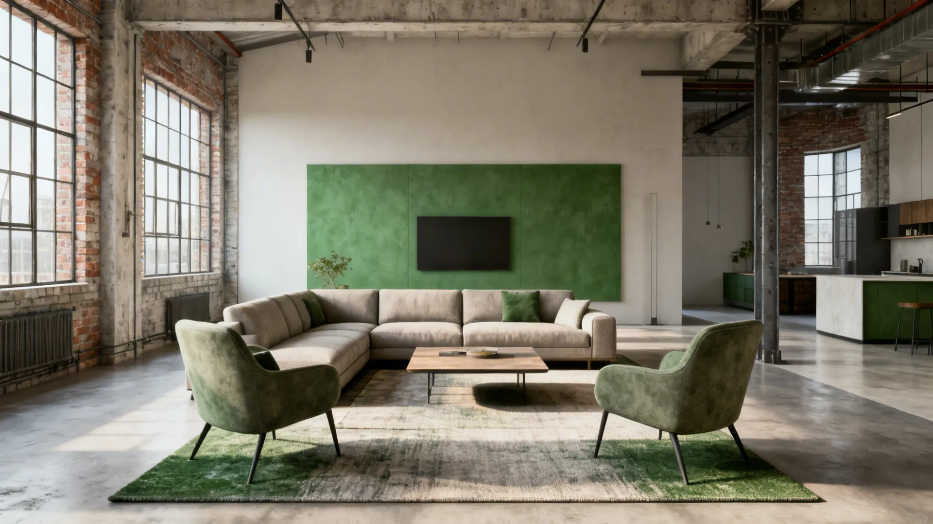 Loft living area with a floating rug under a coffee table and accent chairs defining a conversation zone