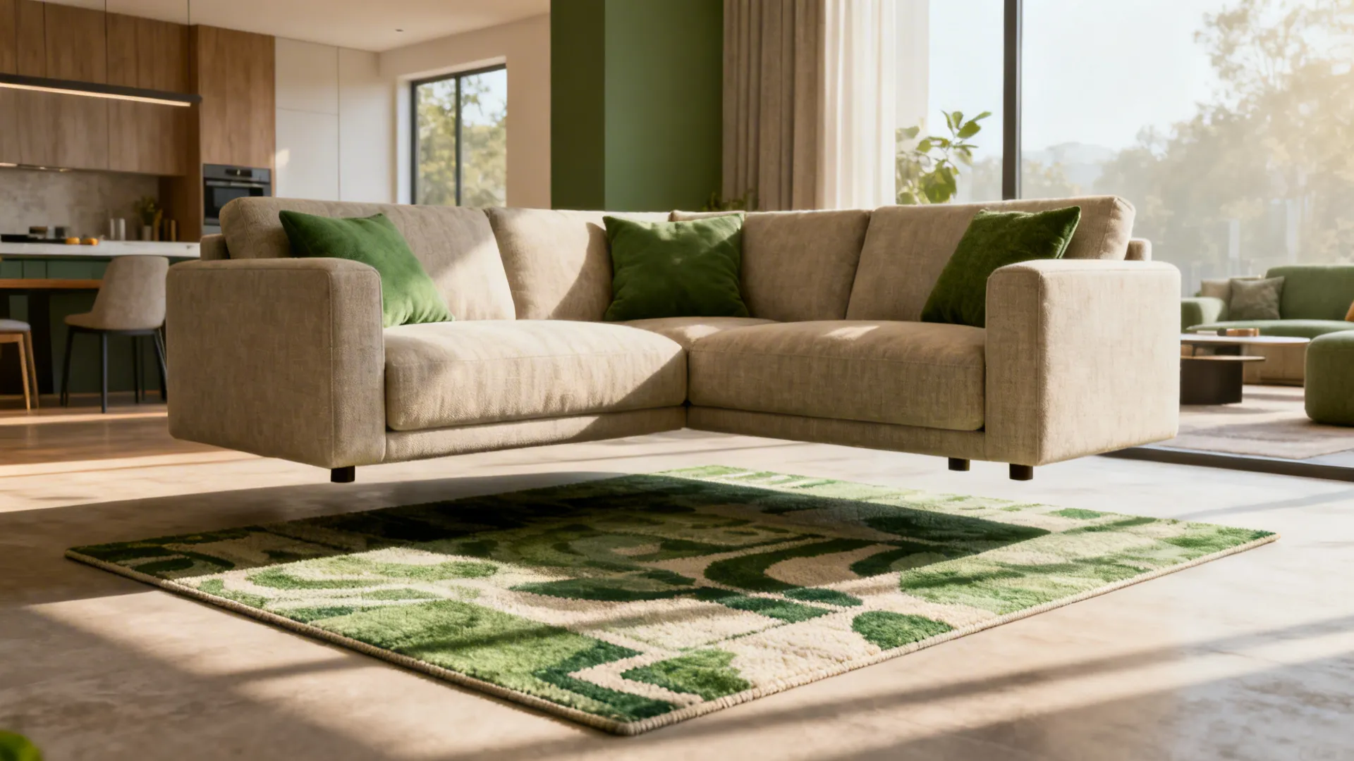 Compact sectional with a floating rug placed in front to create a conversation nook
