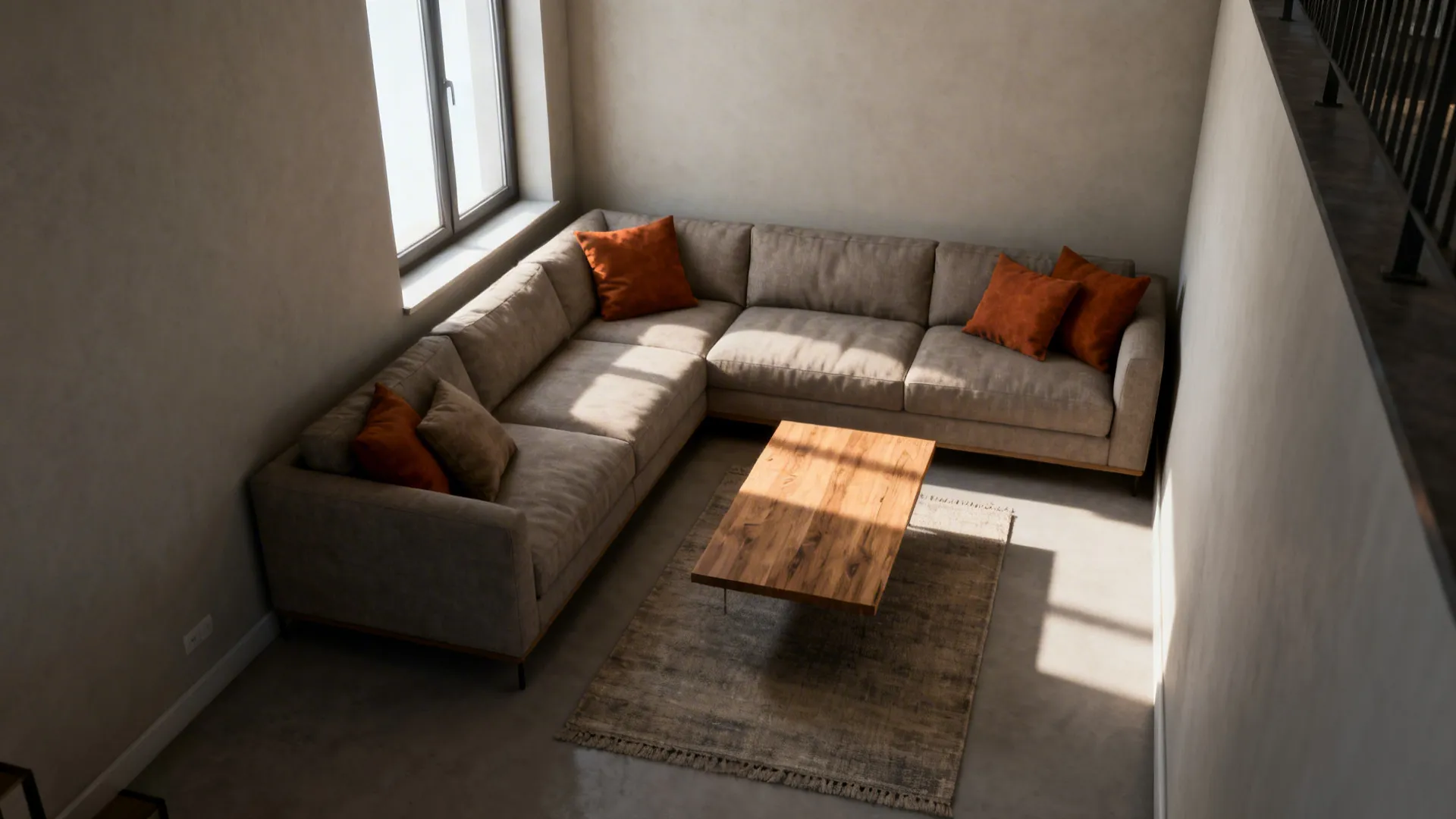 Narrow loft with L-shaped sectional against the wall and a floating rug placed in front to define the seating zone.