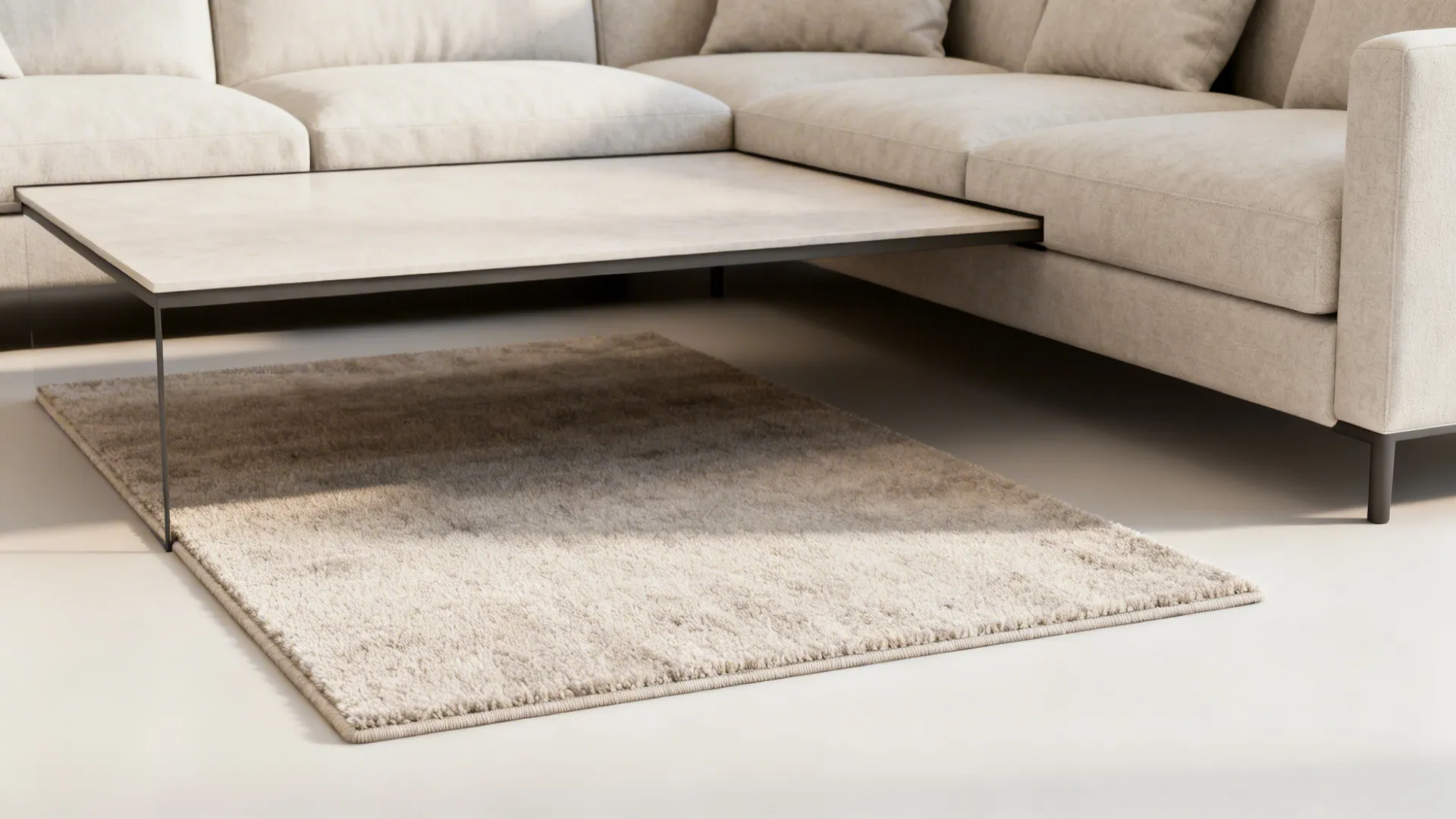 Compact living room with a small rug floating in front of a sectional under the coffee table