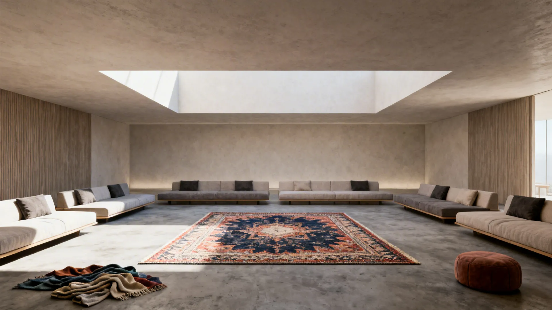 Minimalist loft with a patterned rug floating in the center as an art piece and guide.