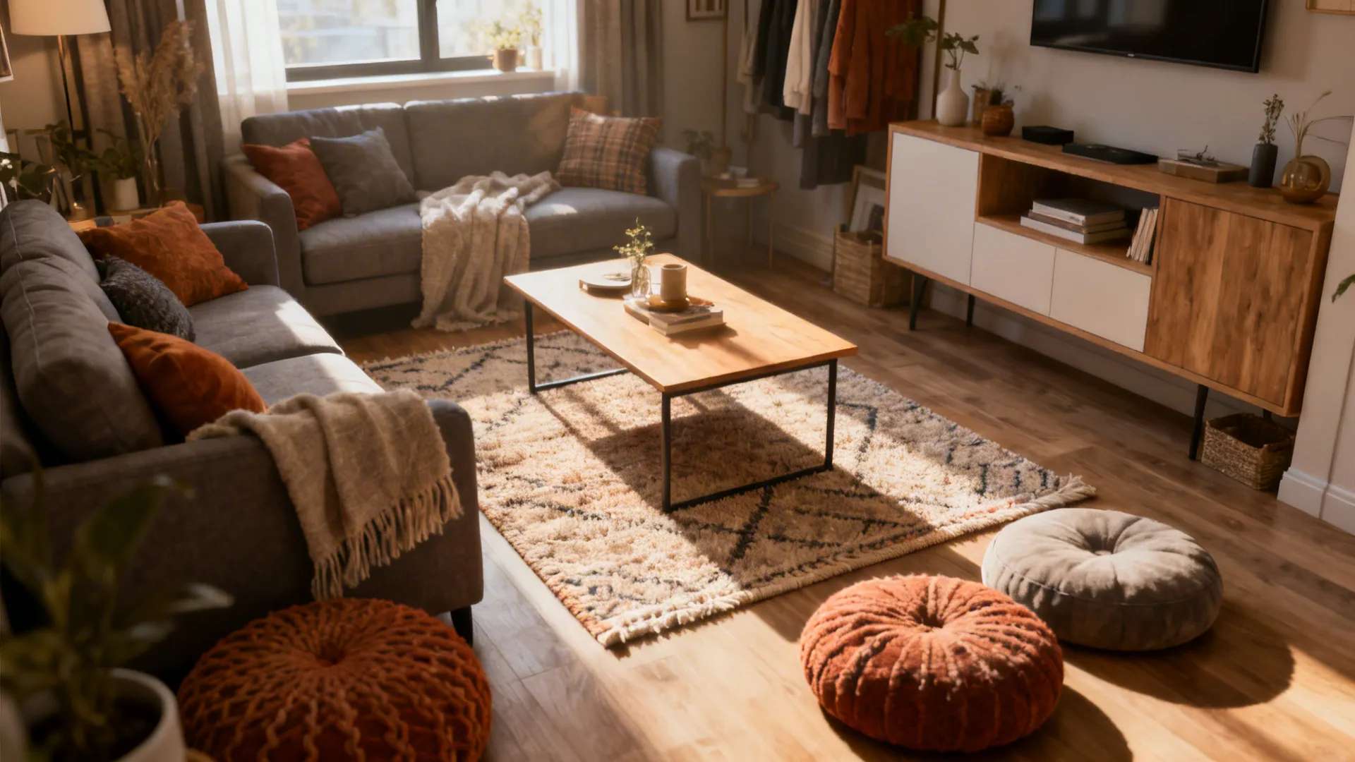 Small rug centered under a coffee table in a compact living area to create a floating focal point.