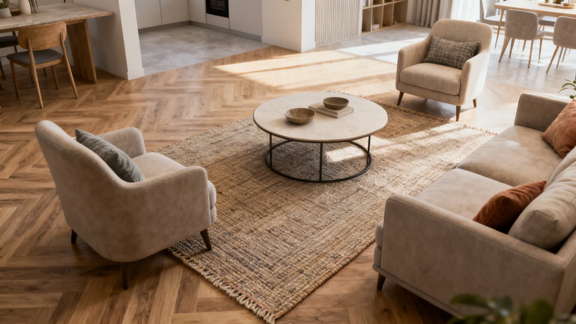 Open-plan studio with a small rug placed only under the coffee table to define the lounge area.