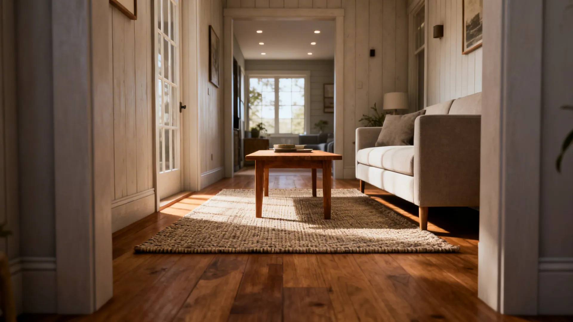 Narrow living area with a small rug placed only under the coffee table creating deliberate floor margins.