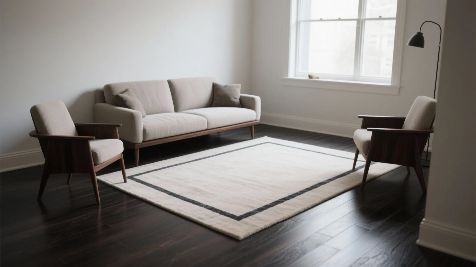 Low-contrast furniture legs and rugs that “float”