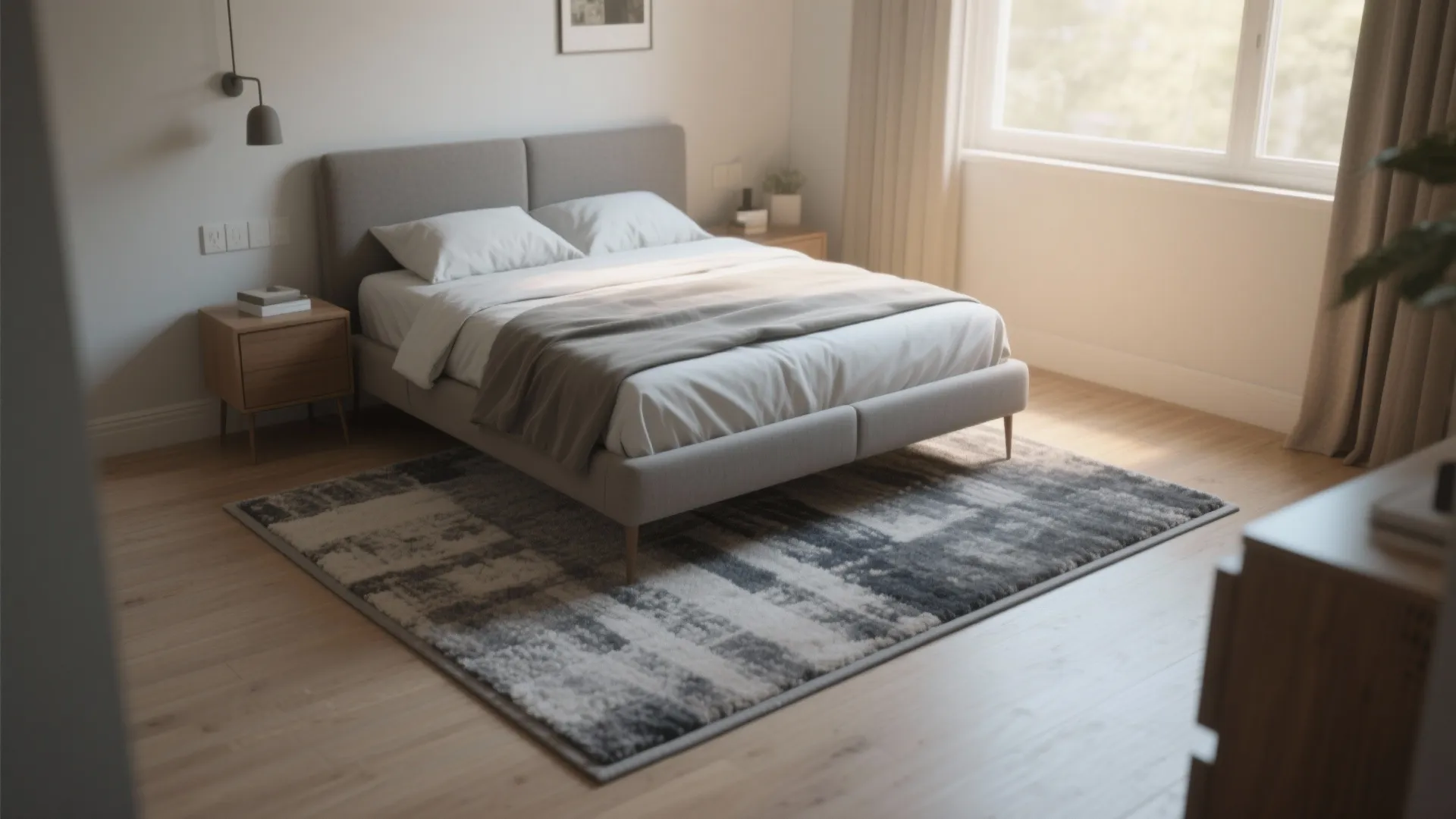 5. Floating rug: front two-thirds under bed