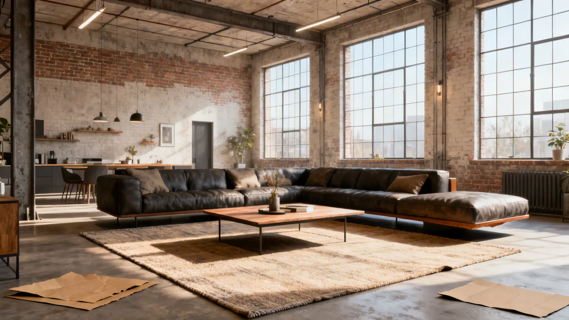 Open-plan loft with a floating rug under the coffee table creating a defined seating island