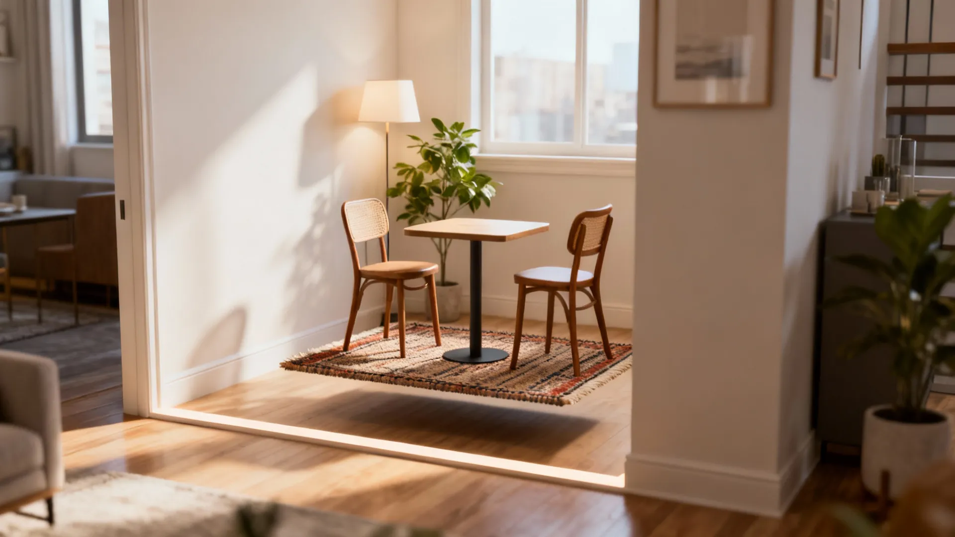 Small floating rug under a bistro set defining a compact seating area in an apartment.