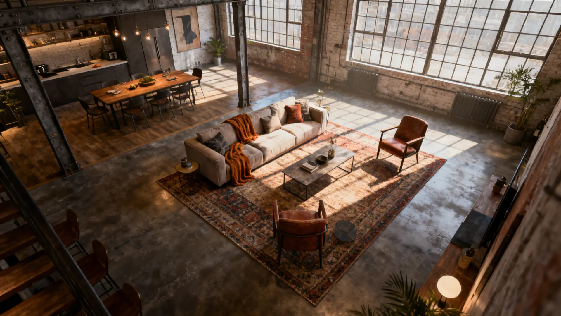 Open-plan loft with an 8x10 rug floated from the walls to define the living area within the larger space.