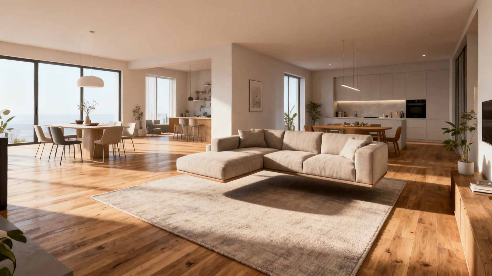 Open-plan living area with a floating rug that defines the seating zone without walls