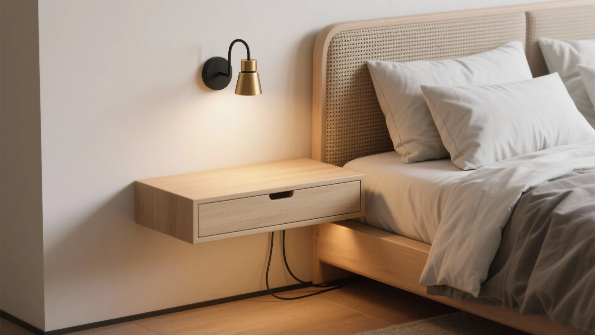 Float the nightstands and mount your lighting