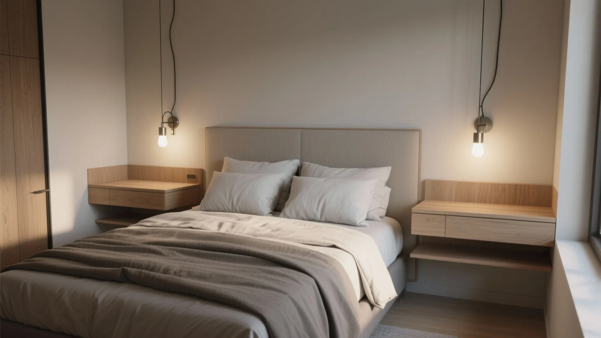 Floating nightstands and wall-mounted sconces
