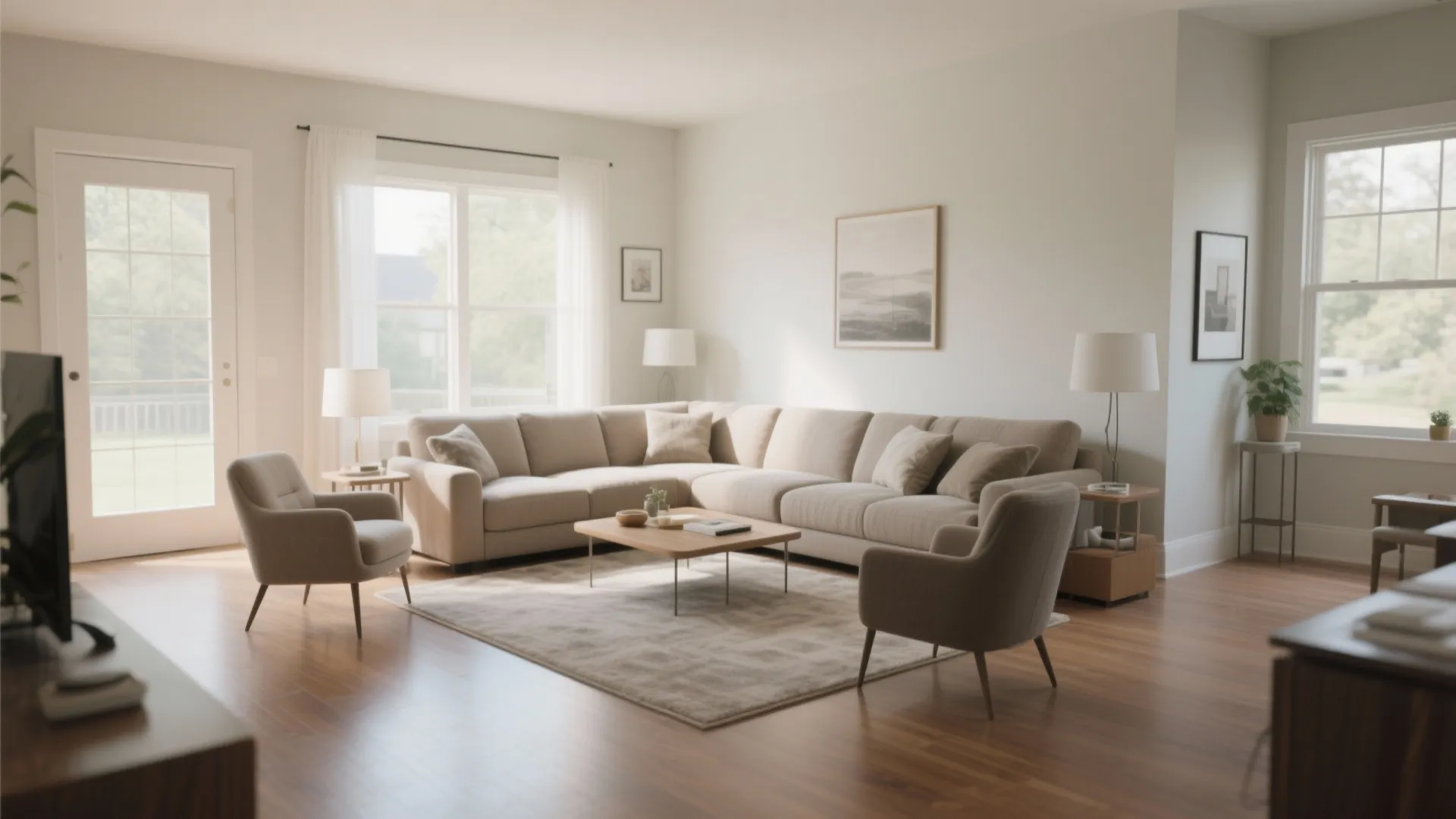 Bright living room with a large beige sectional sofa two armchairs and wooden coffee table