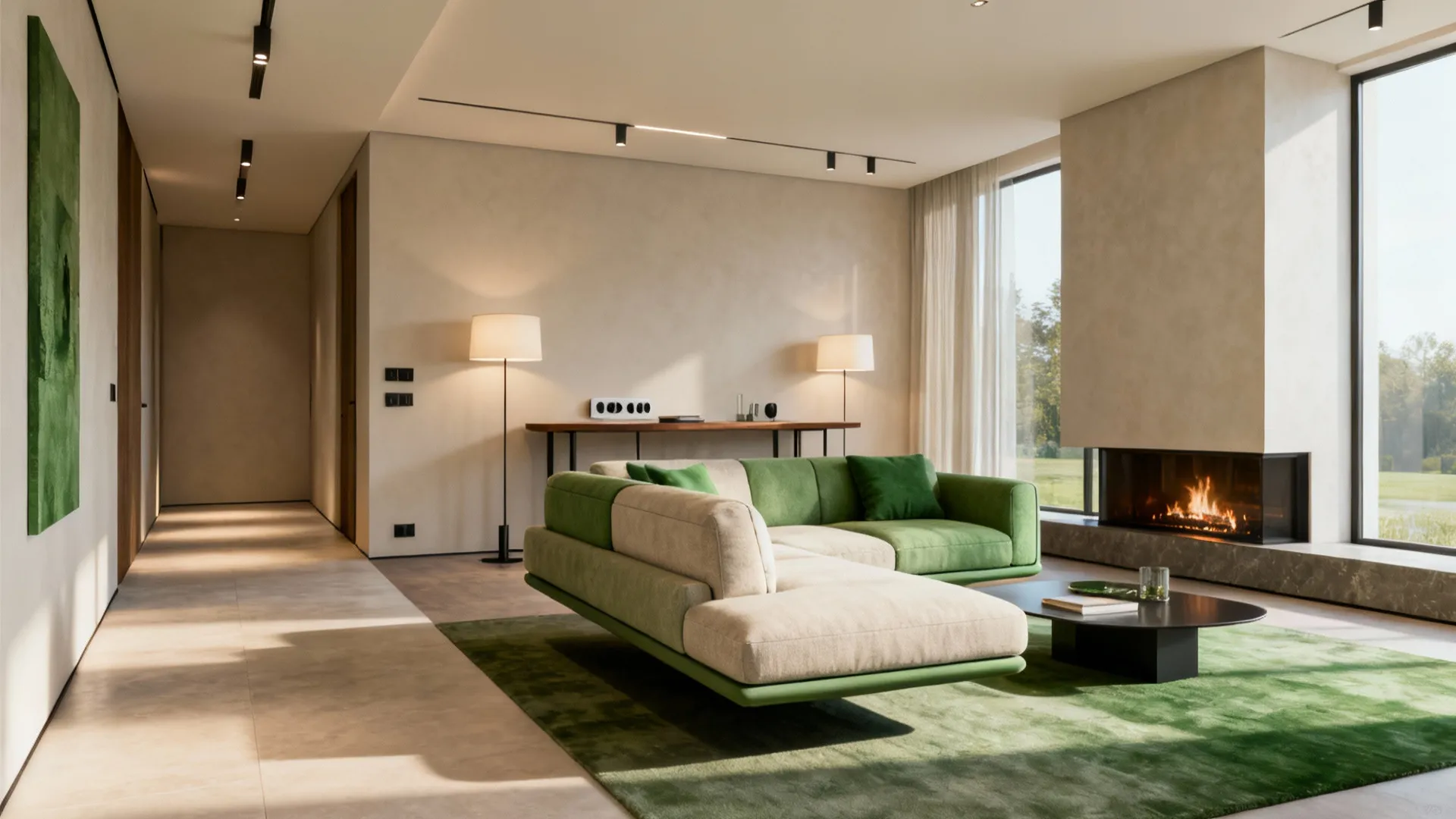 Modern living room with a green and beige floating sofa, matching rug, and warm fireplace
