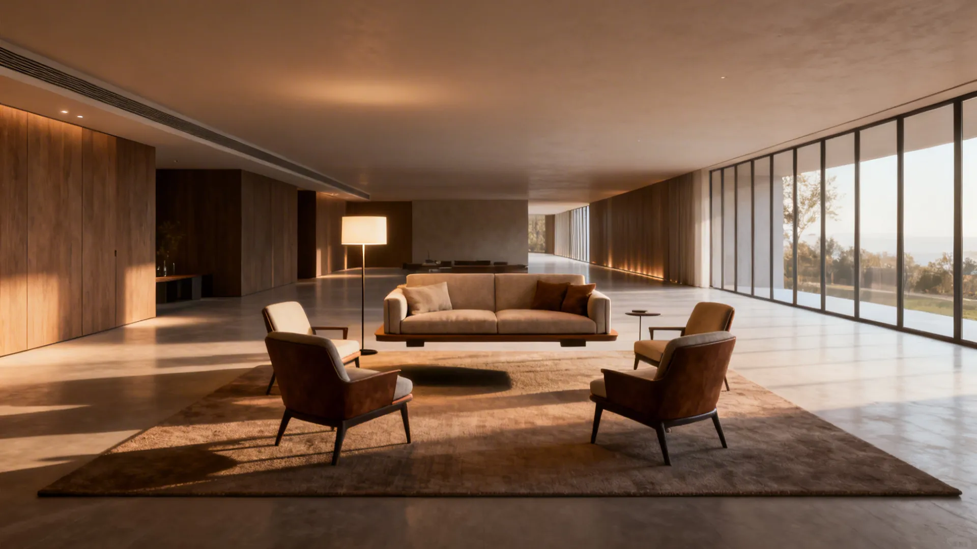 Large minimalist living room featuring a floating beige sofa, four armchairs, rug, and floor lamp