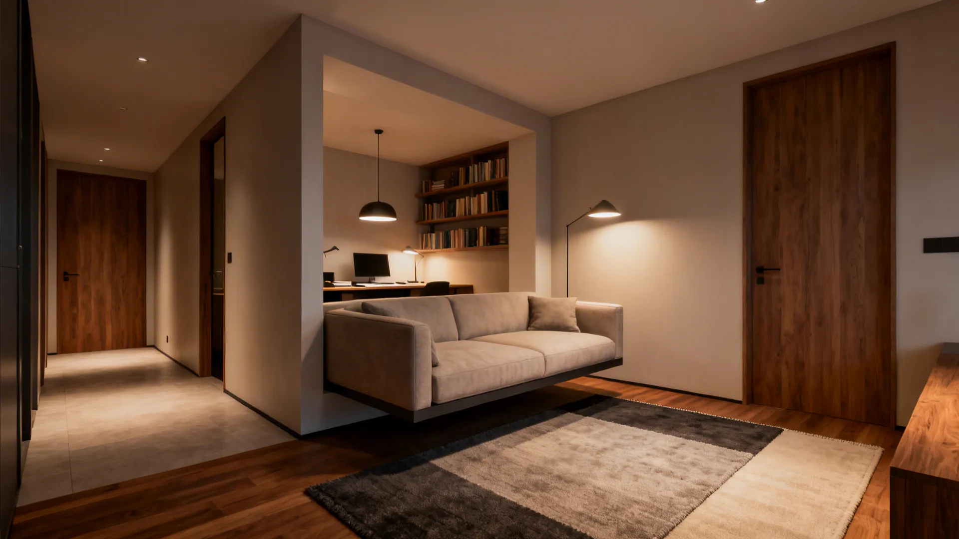 Small living area showing a floated sofa that creates a reading nook and workspace behind it.