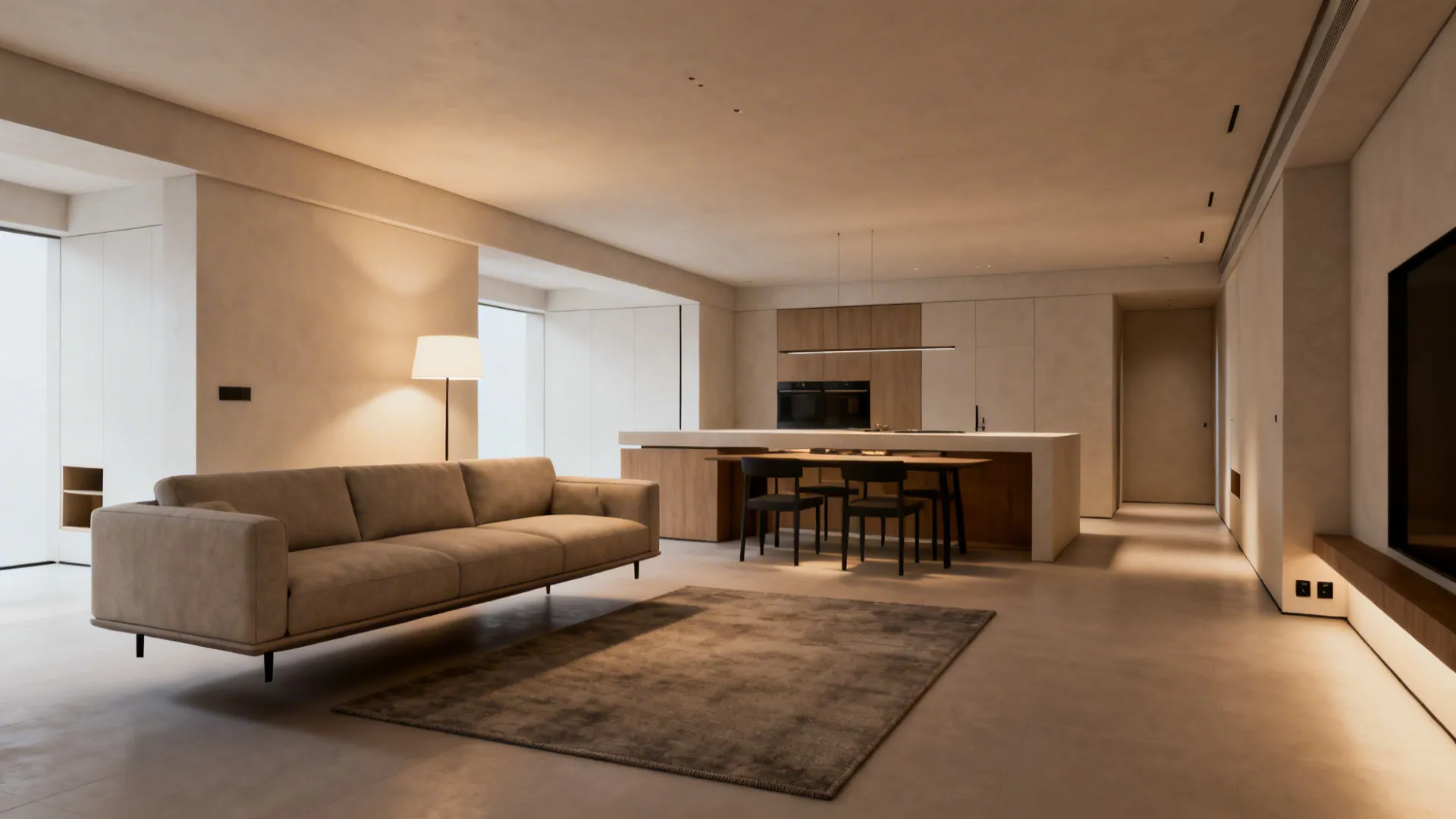 Floating sofa island on a rug defining the living area separate from dining