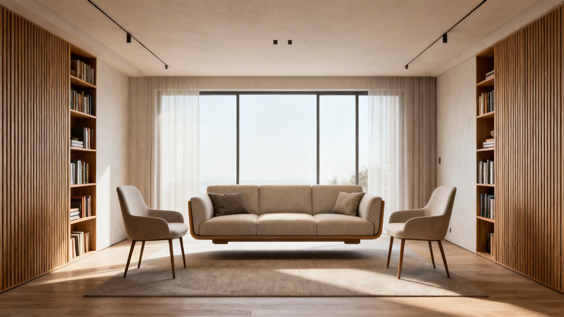 Modern living room with floating sofa between chairs and tall wooden bookcases by big bright windows