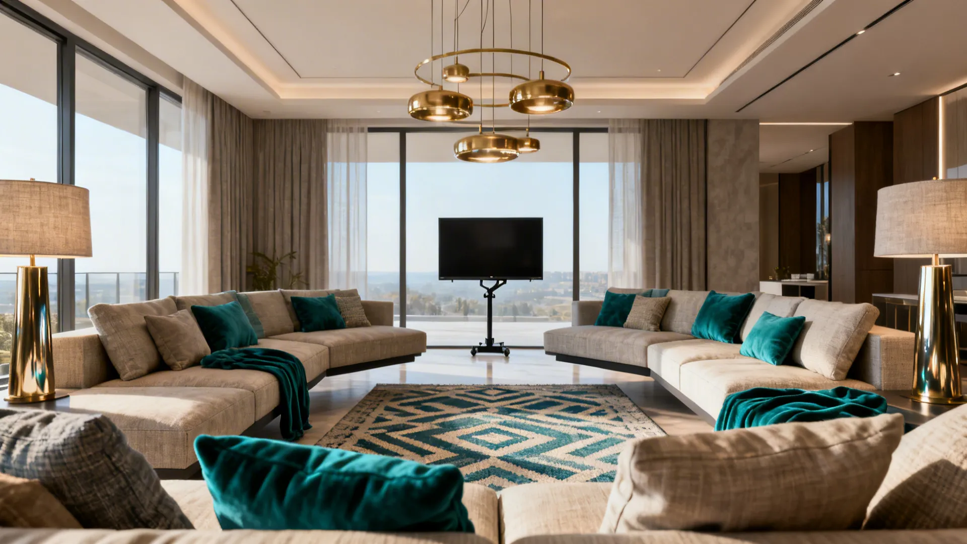 Modern living room with large beige sofa gold ceiling light and television facing floor windows