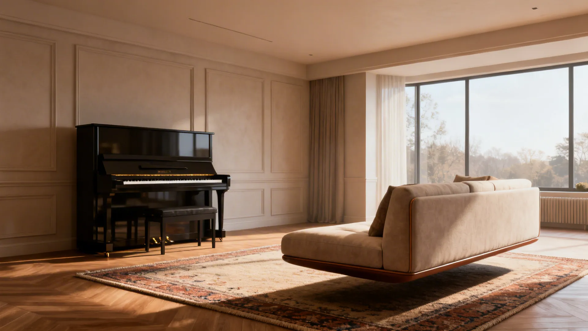 Slim sofa and rug creating a visual music zone with a piano in a small living room.