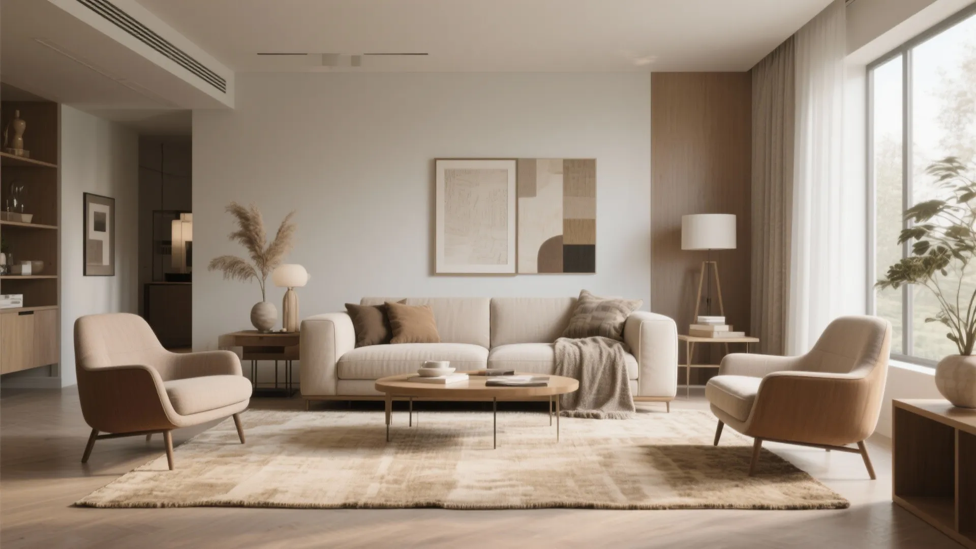 Mid-size living room with floating sofa and chairs creating an intimate zone