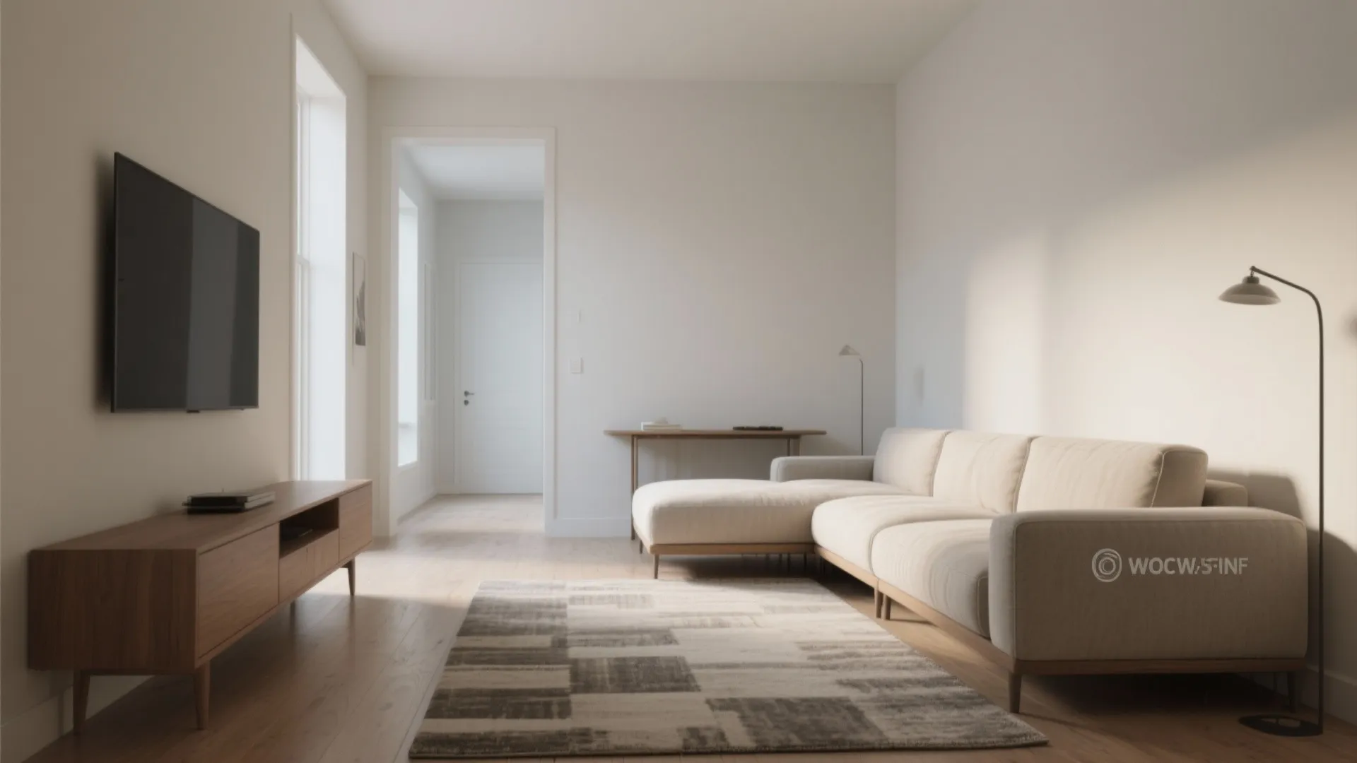 Modern living room with beige sofa wooden cabinet flat screen TV patterned rug and lamp