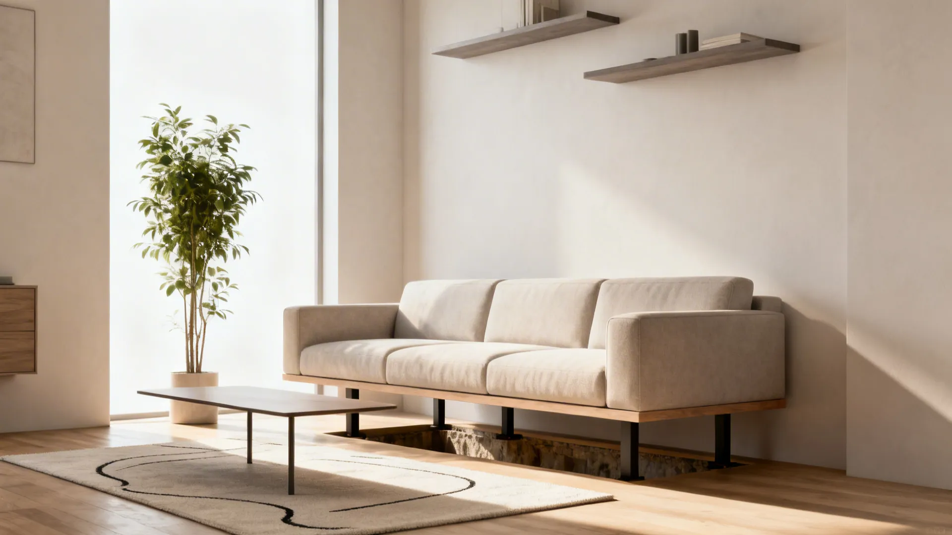 Floating sectional with exposed legs and a slim coffee table in a small, airy living room.