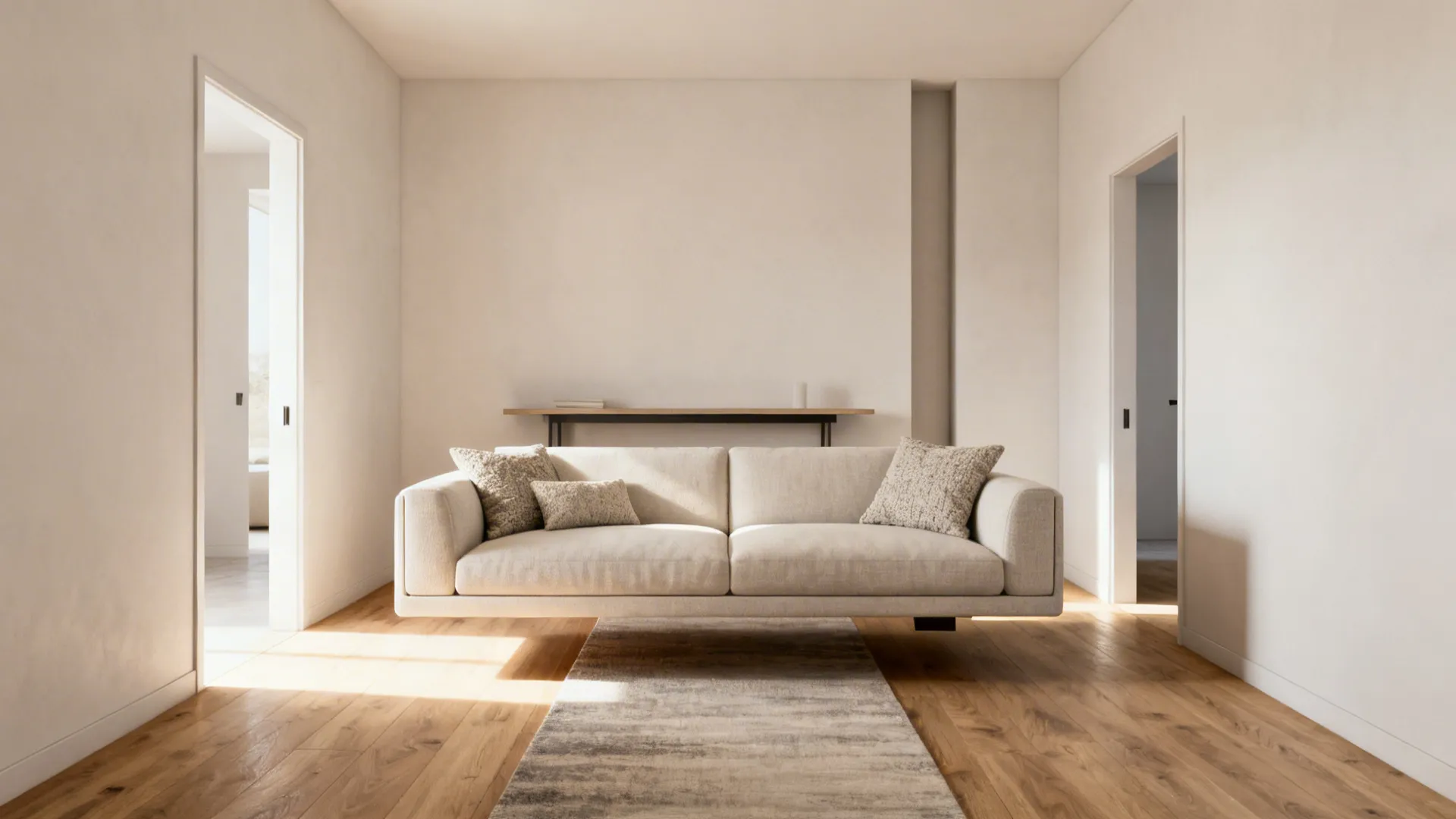 Floating sectional with open pathways on both sides and a slim console behind