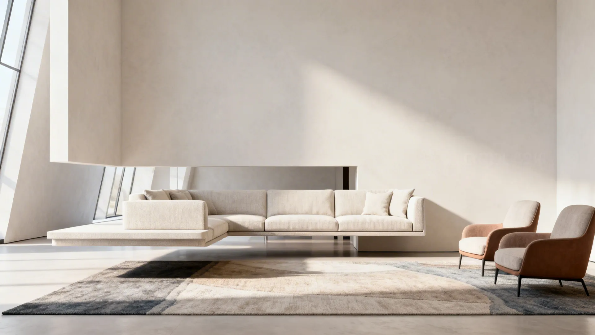 Floating sectional with accent chairs creating two zones and clear circulation in a compact living room.