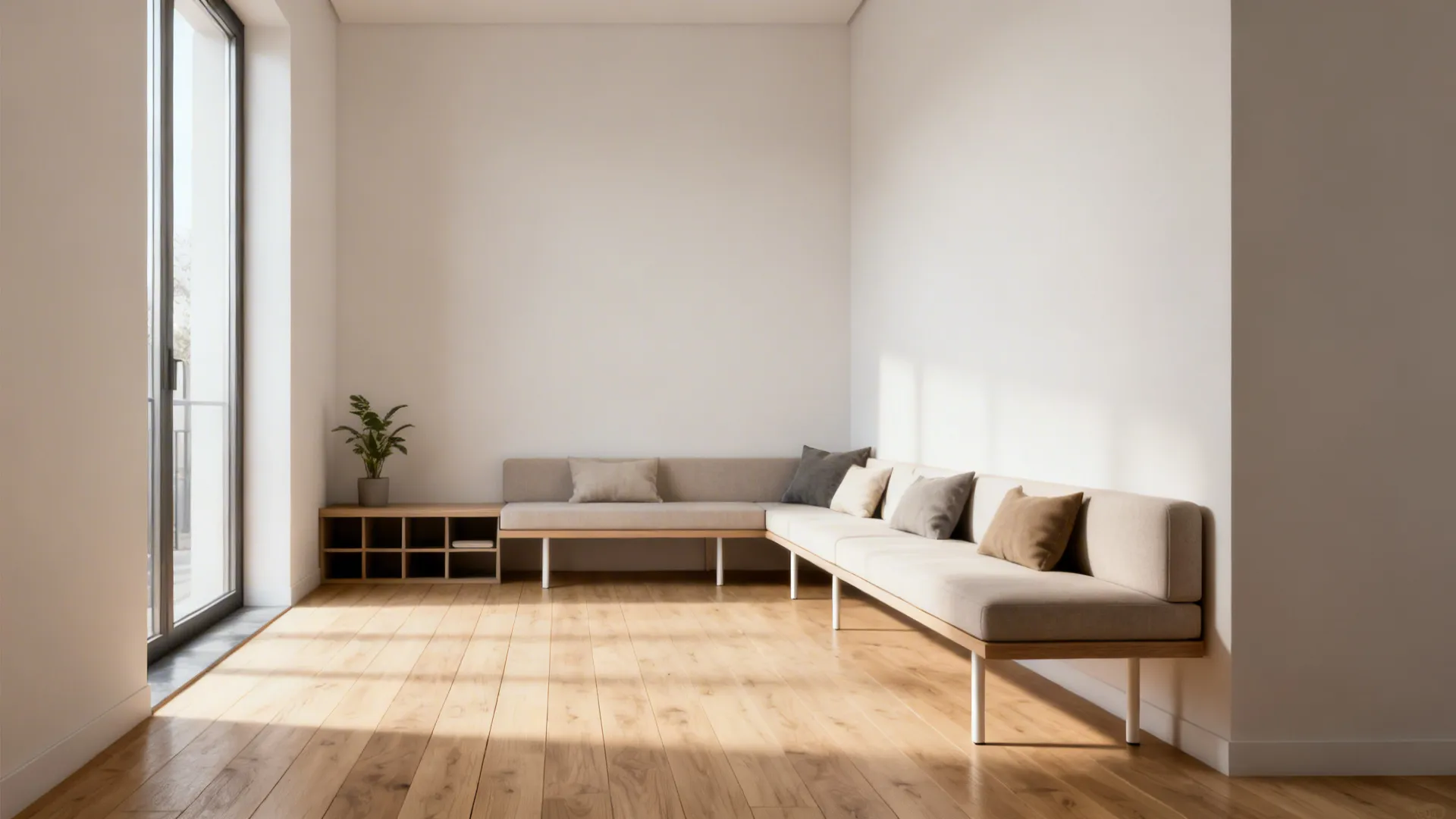 Small living room with a floating slim-back sectional and a narrow console behind to keep circulation open