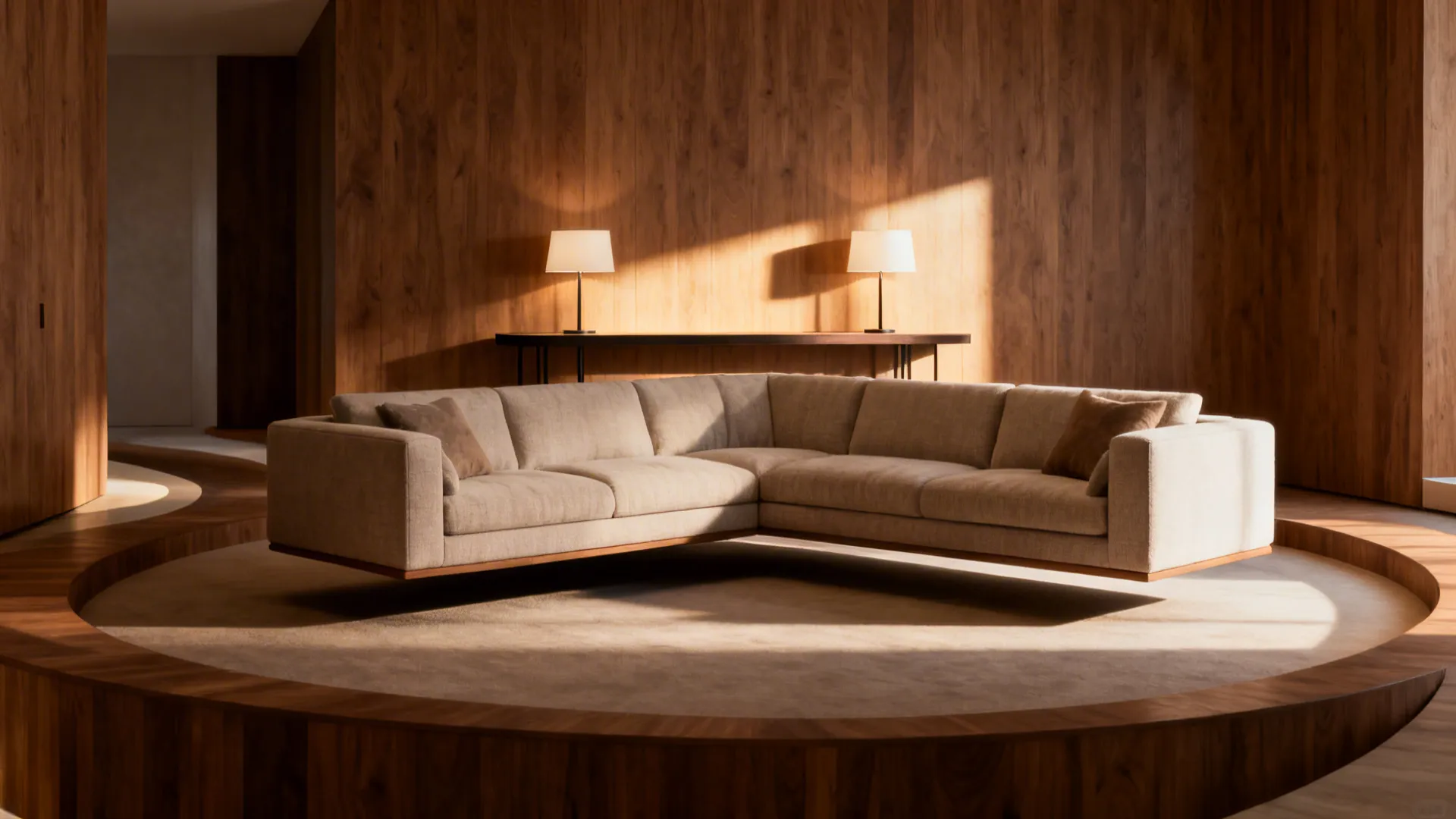 Floated sectional with a narrow console behind it, allowing light and circulation behind the sofa.